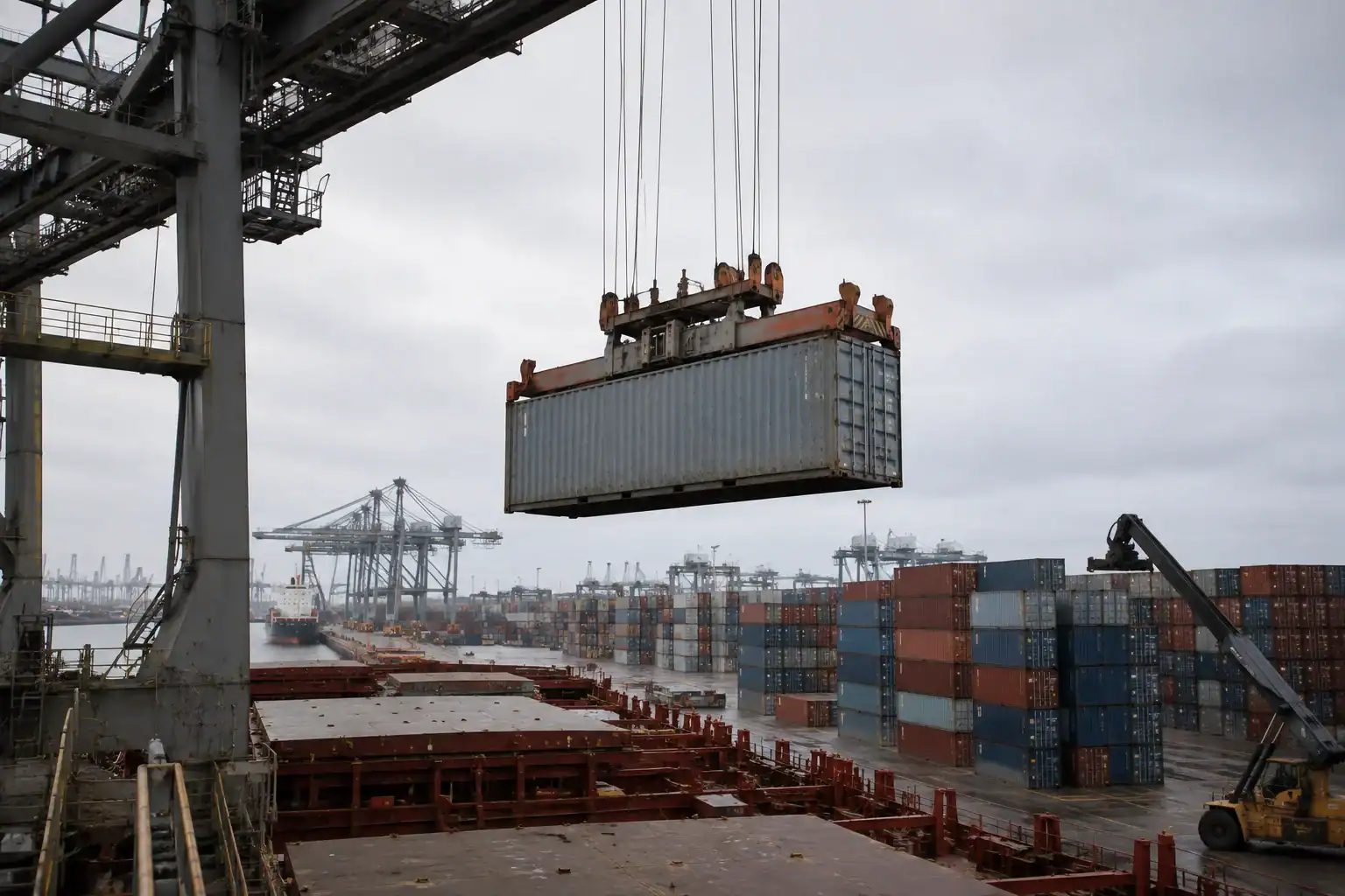 A shipping container being lifted by a crane at a transshipment port — the moment of highest damage risk — with documentary-style lighting