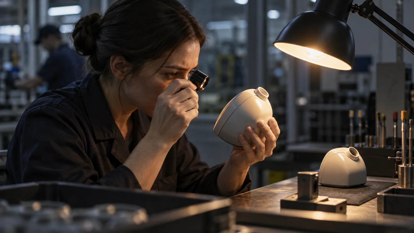 In a factory-adjacent quality-control room, an inspector holds a sample product up to a raking desk lamp, examining a seam or joint closely with a small loupe in the other hand, a second identical sample waiting beside the bench.