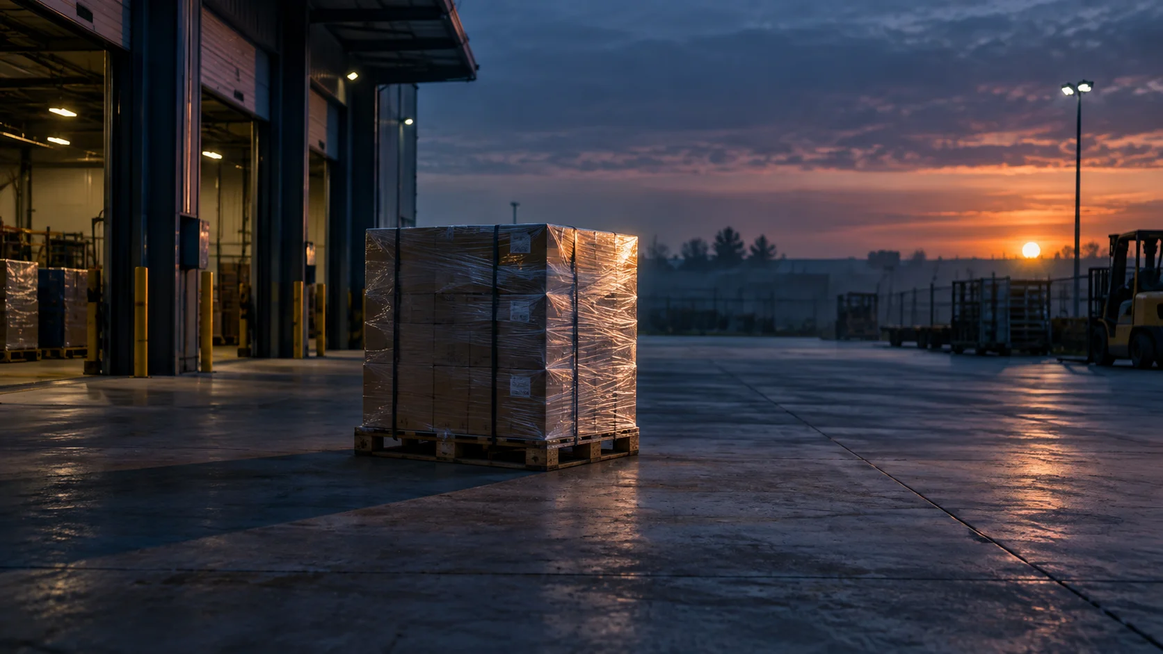 A single wrapped pallet sits alone on an otherwise empty stretch of loading dock as dusk settles, the rest of the bay's equipment idle and parked off to the side, long shadows stretching across the concrete.