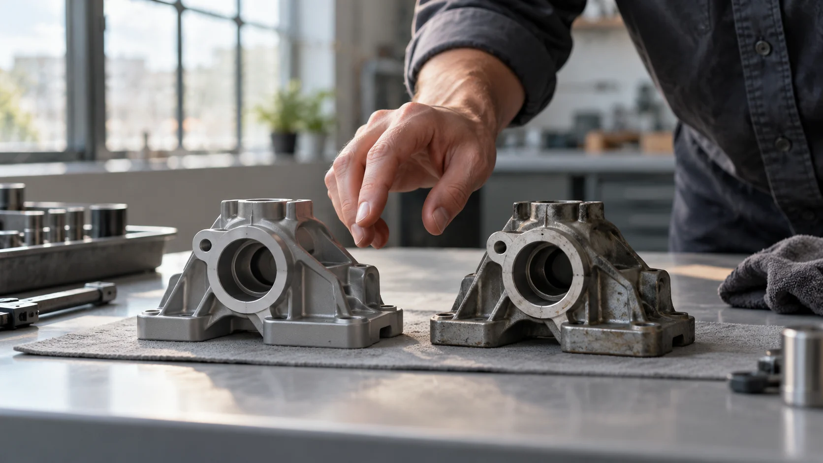 On a clean inspection table, two similar-looking product samples sit side by side under even daylight from a large workshop window, a technician's hand hovering between them mid-comparison, one sample subtly newer than the other.