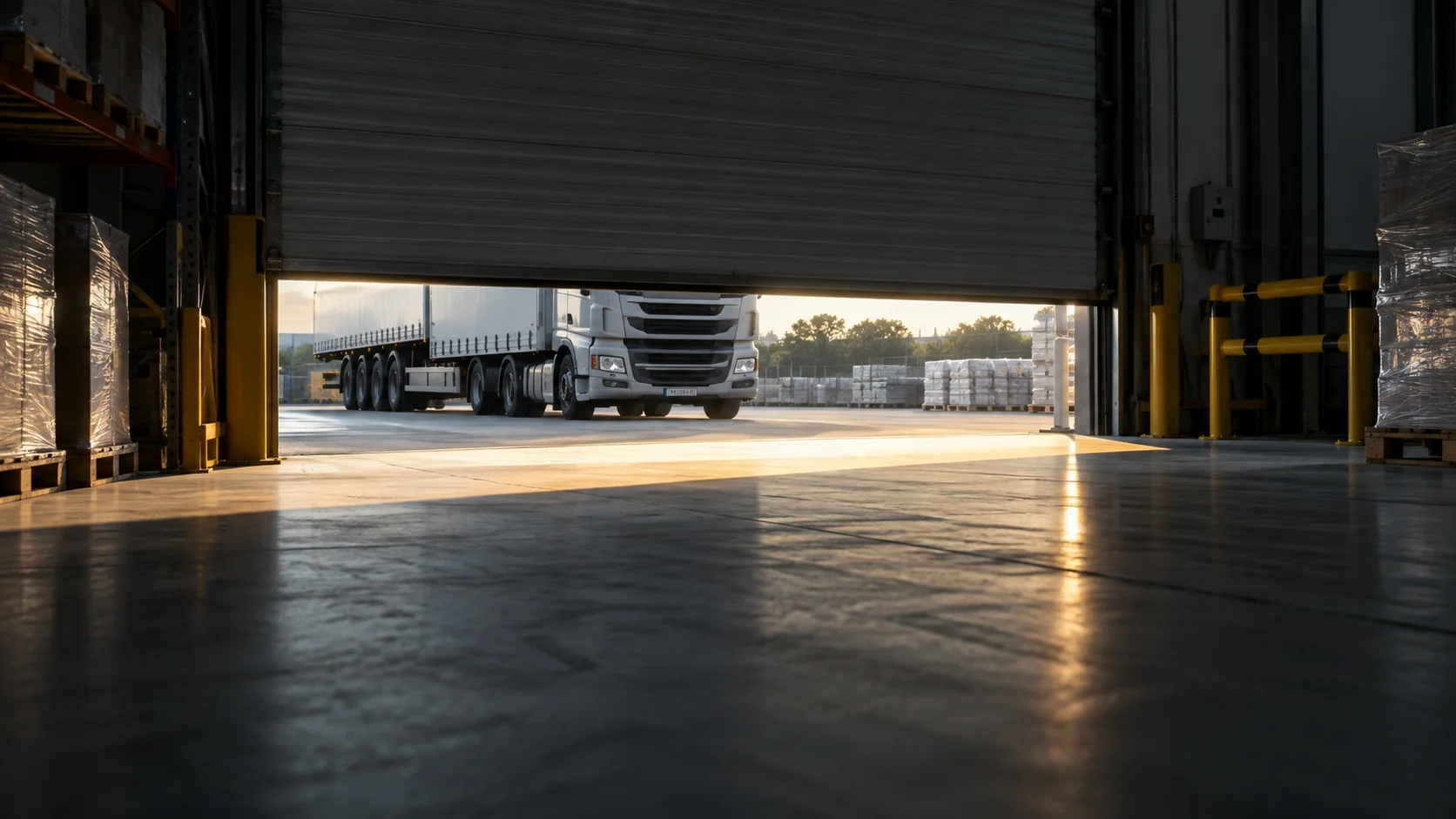 A warehouse roller door sits raised only partway, a freight truck waiting just outside in the yard, the gap of light beneath the door casting a long warm stripe across the dim interior floor.