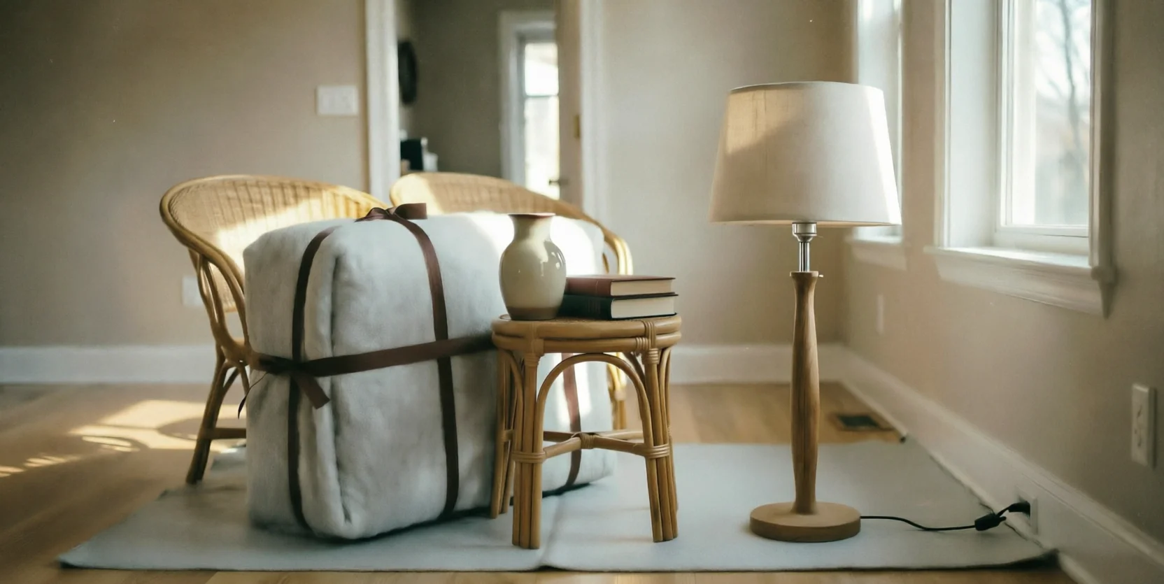 An unwrapped floor lamp stands beside a bundle of blanket-wrapped furniture and a small side table.