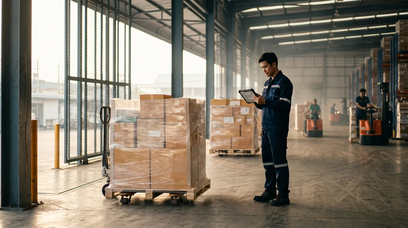 A worker checks a tablet beside a wrapped pallet at an open-sided logistics facility as others move past.