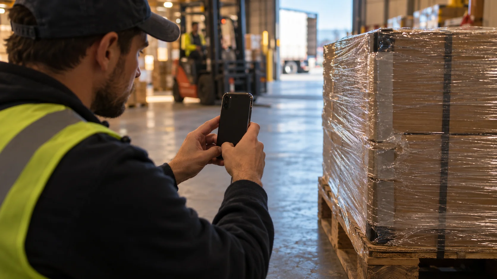 A worker photographs the wrapped corner of a pallet with a smartphone before loading.