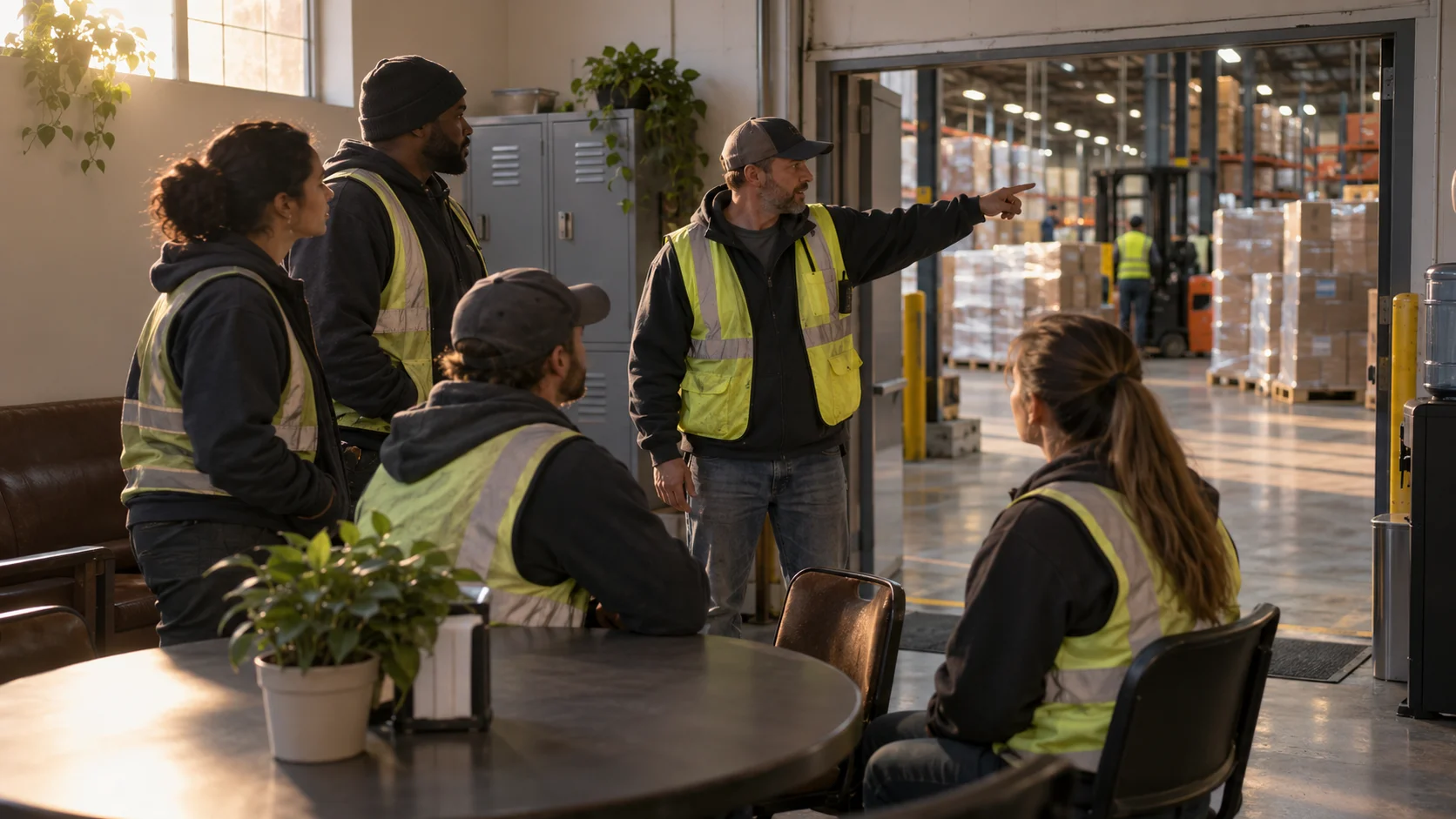 A supervisor gestures toward the warehouse floor while briefing a small team gathered in a break area.