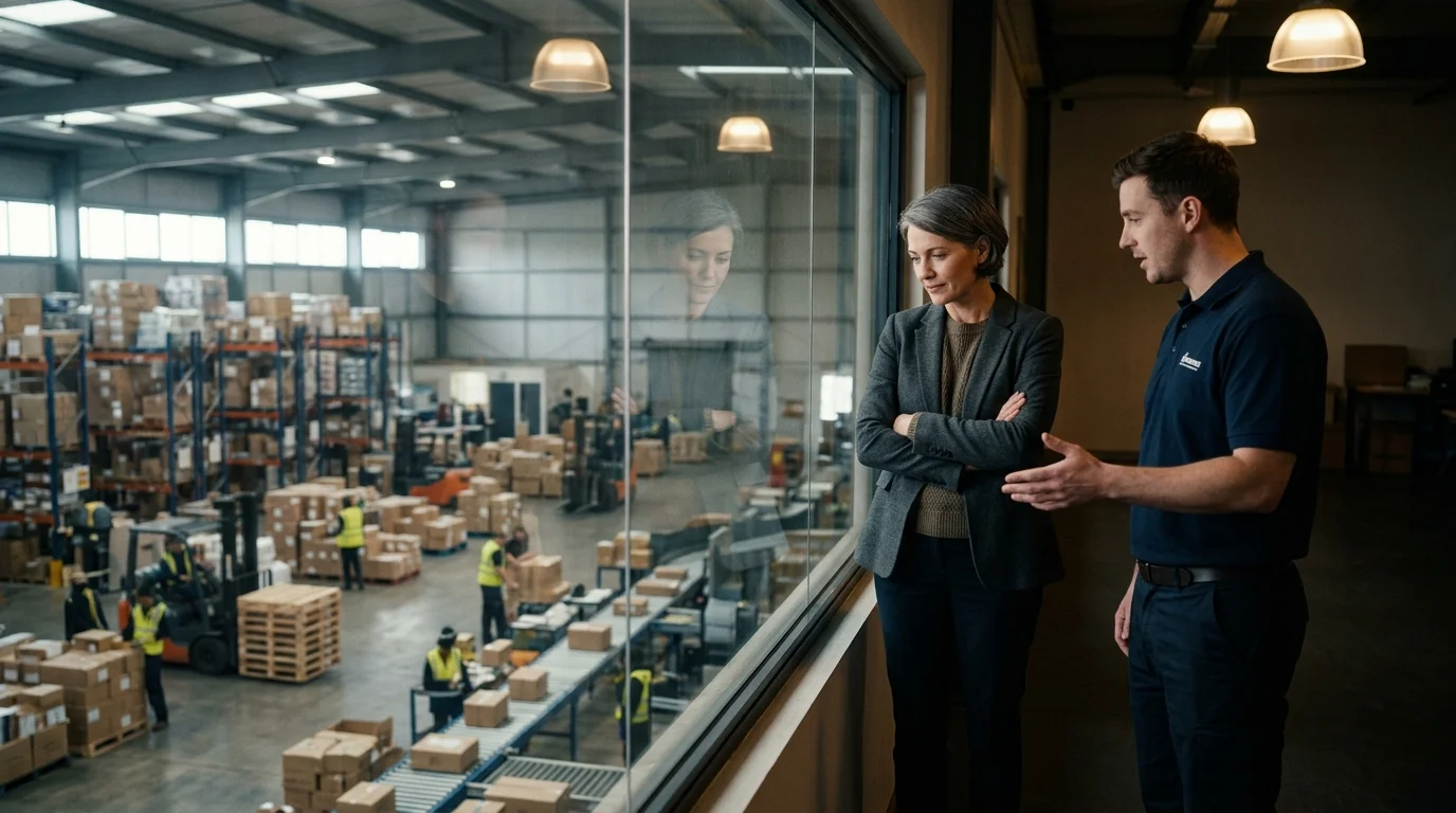 Two people, one with arms crossed, look out through an office window at a busy warehouse floor below.