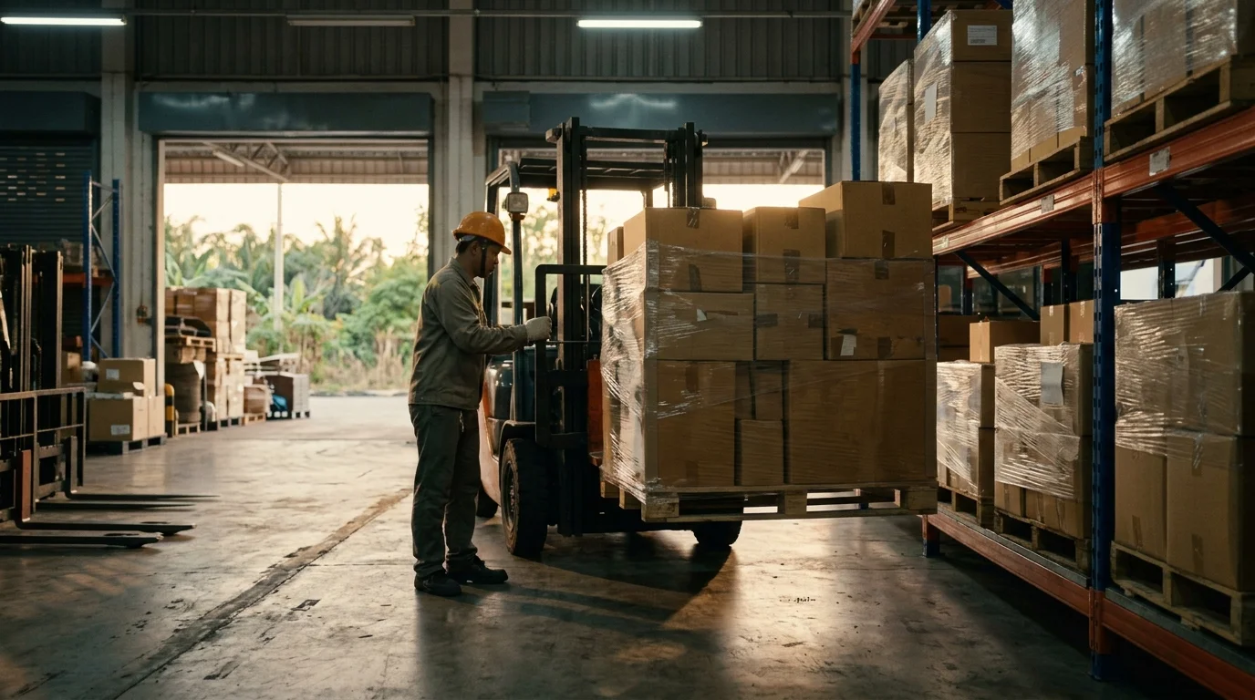Un cariste déplace une palette d'export sous film étirable : la documentation d'origine doit déjà correspondre à la marchandise chargée à ce stade.