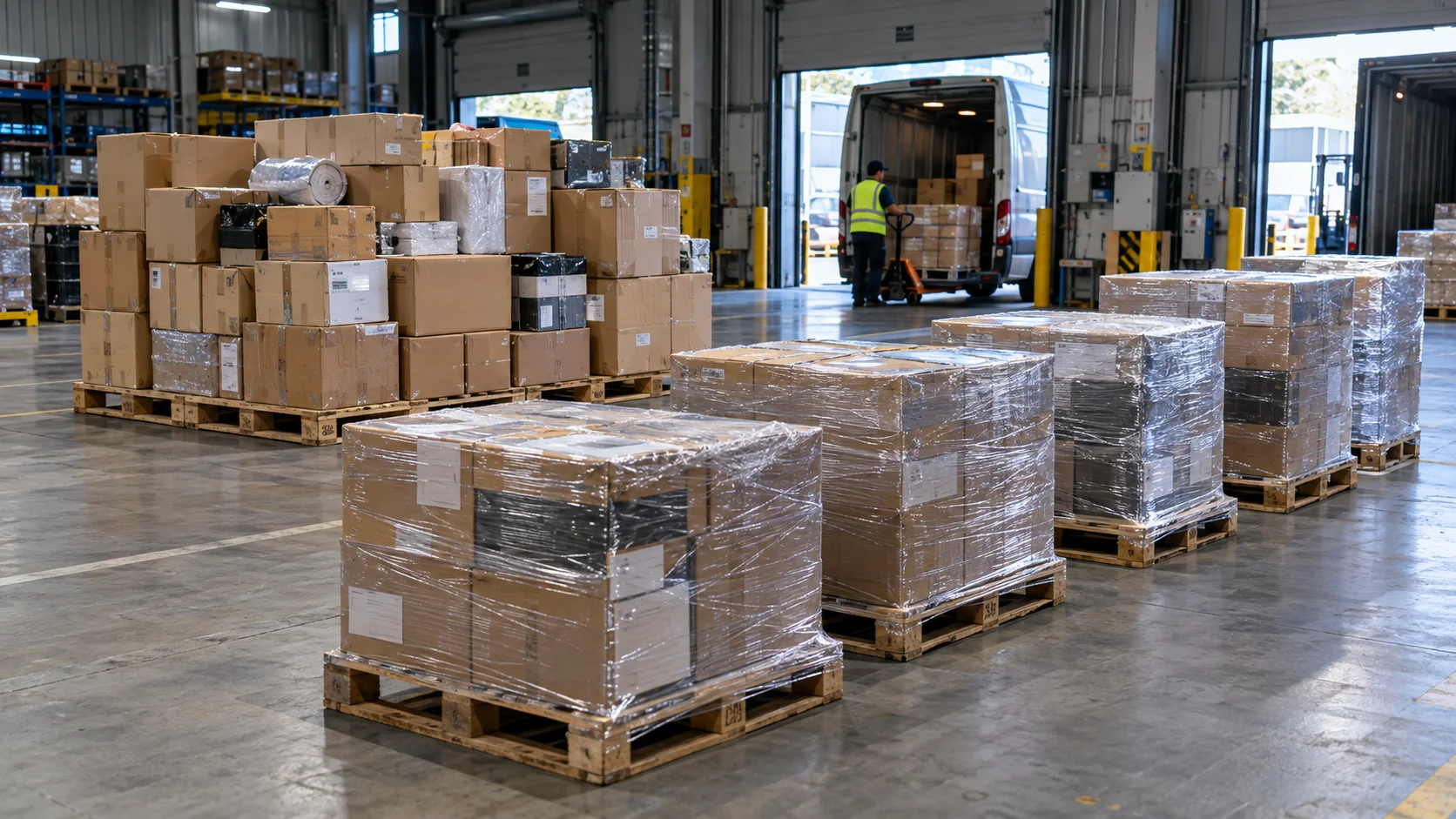 Inside a distribution centre's dispatch bay, several smaller palletized orders sit staged in a row, each wrapped and ready for a different delivery run, while a larger