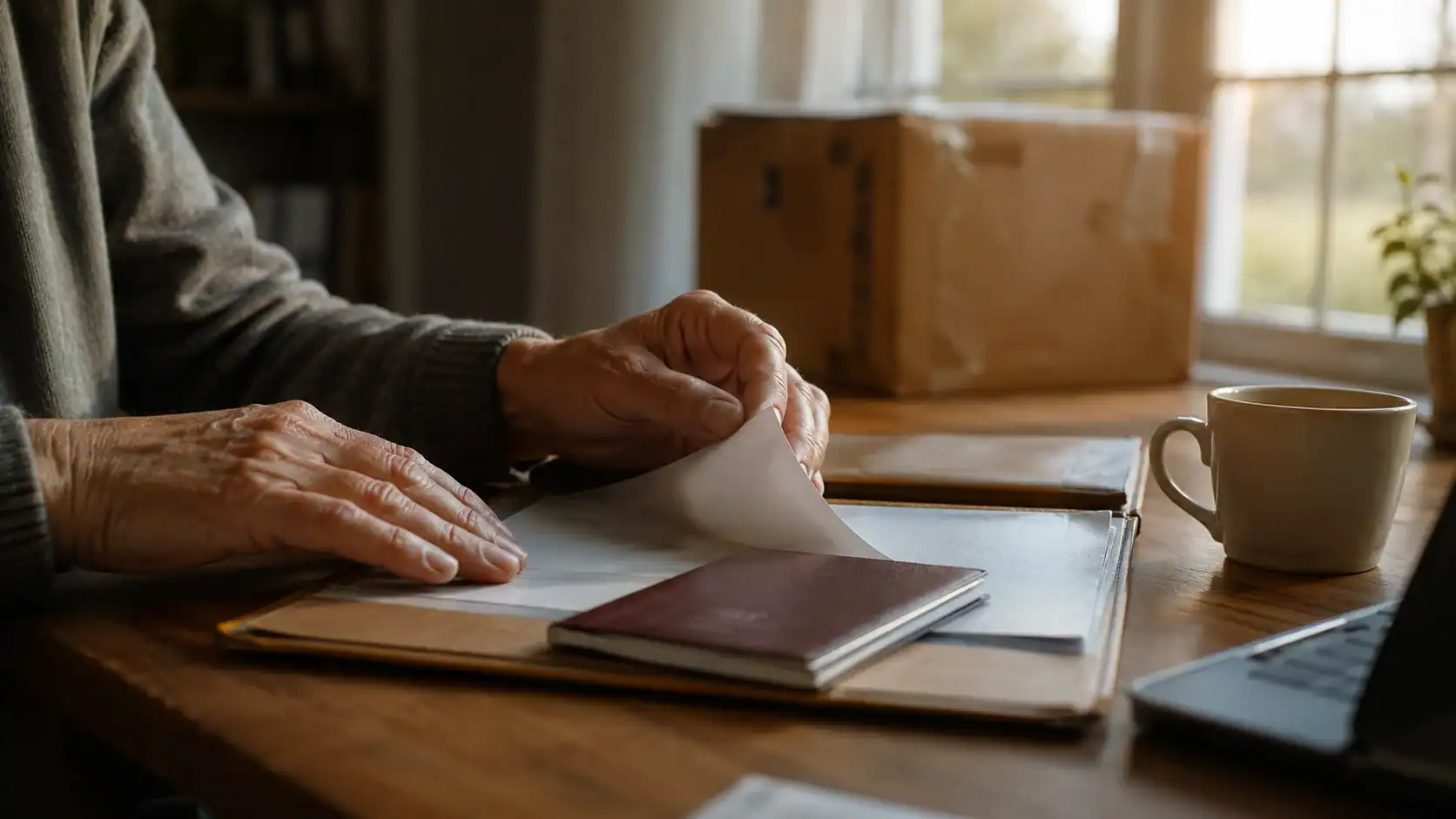 Hands reviewing a document folder and passport beside a moving box and laptop at a sunlit home desk