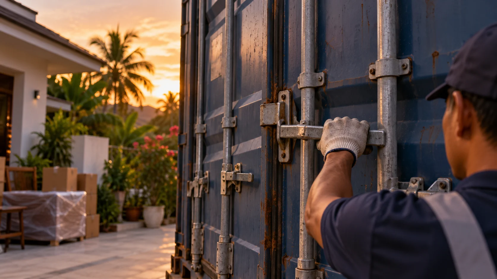 A shipping container being sealed at the end of a loading process outside a Thai home, a mover's hand on the door latch, warm dusk light settling over the scene