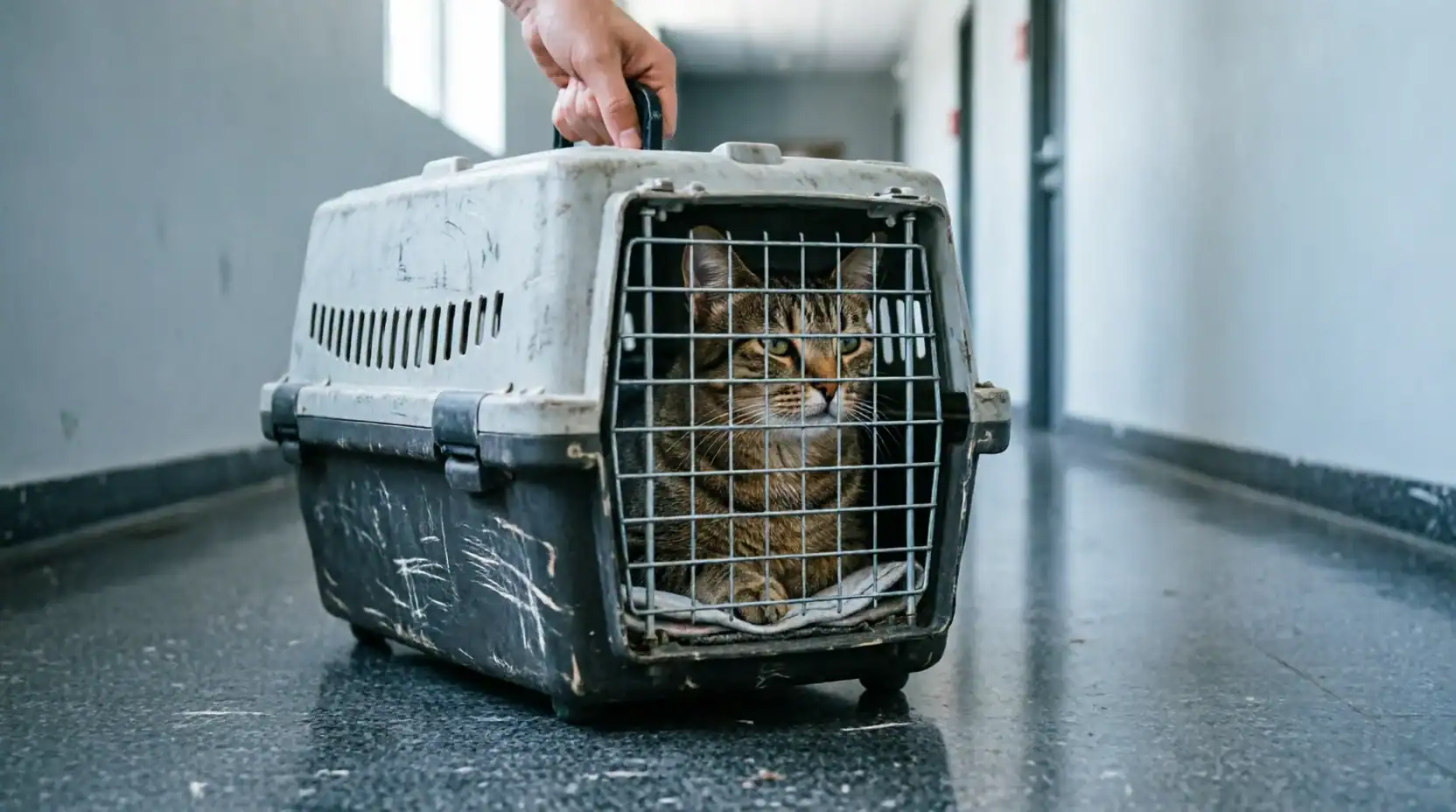 A cat inside a travel carrier being wheeled through a clinical corridor, part of the staged process for bringing an Australian-origin pet home through an approved country