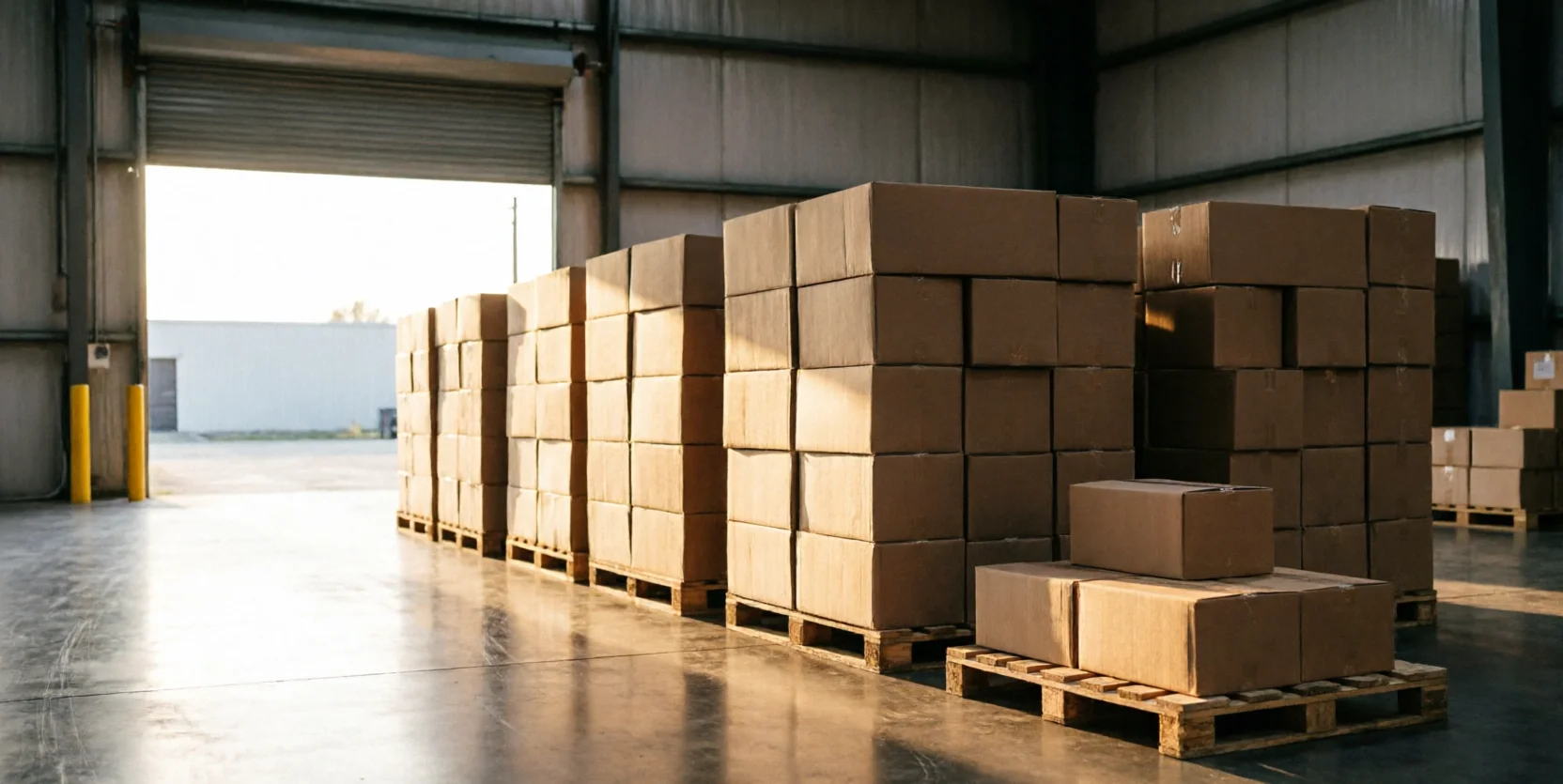 A tall block of stacked cardboard boxes fills a warehouse beside a smaller stack near an open bay door.