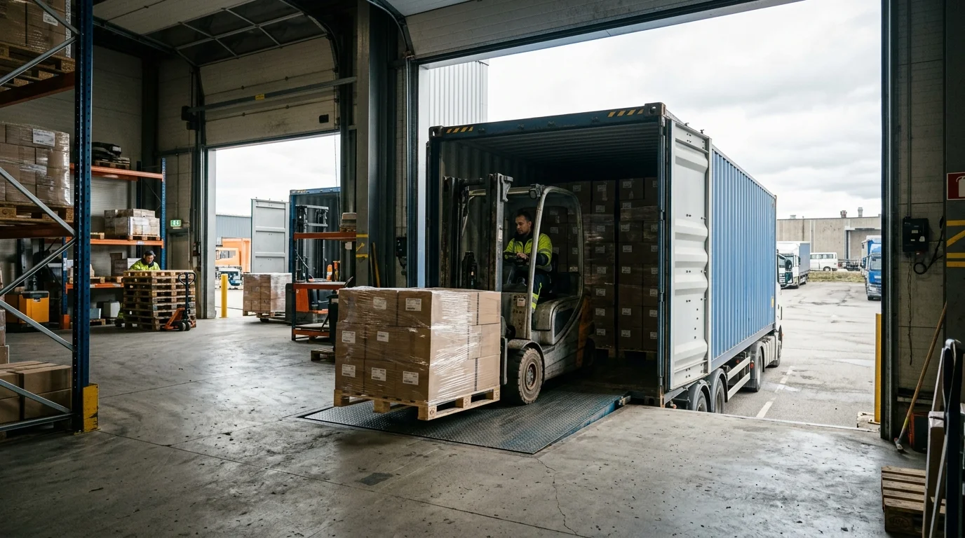 A forklift backs out of an open shipping container packed with boxes, pulling a wrapped pallet onto a loading dock.