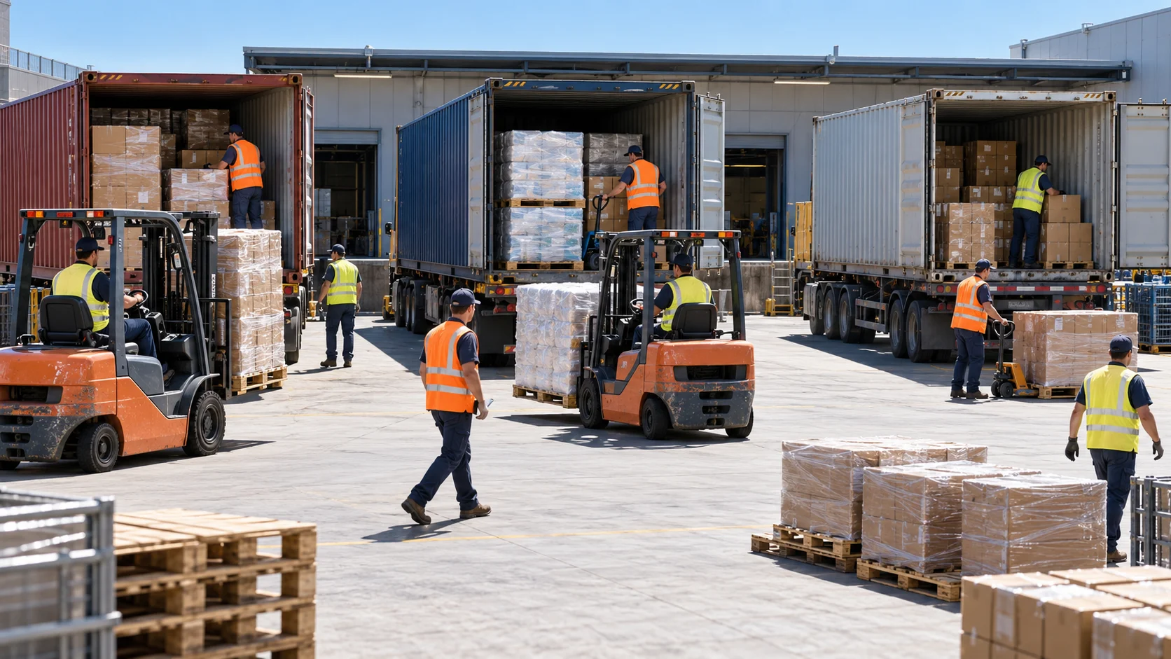 A wide view across a busy warehouse yard shows three separate bays each mid-unloading a different container at once, forklifts moving between them at a measured, practiced pace