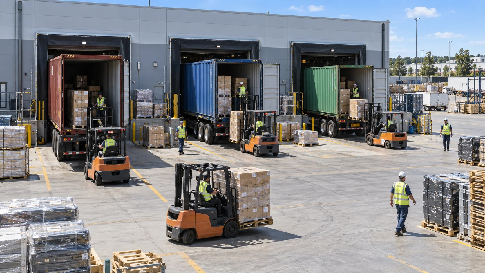 A wide warehouse yard view shows three loading bays each unloading a shipping container at once under bright sun.