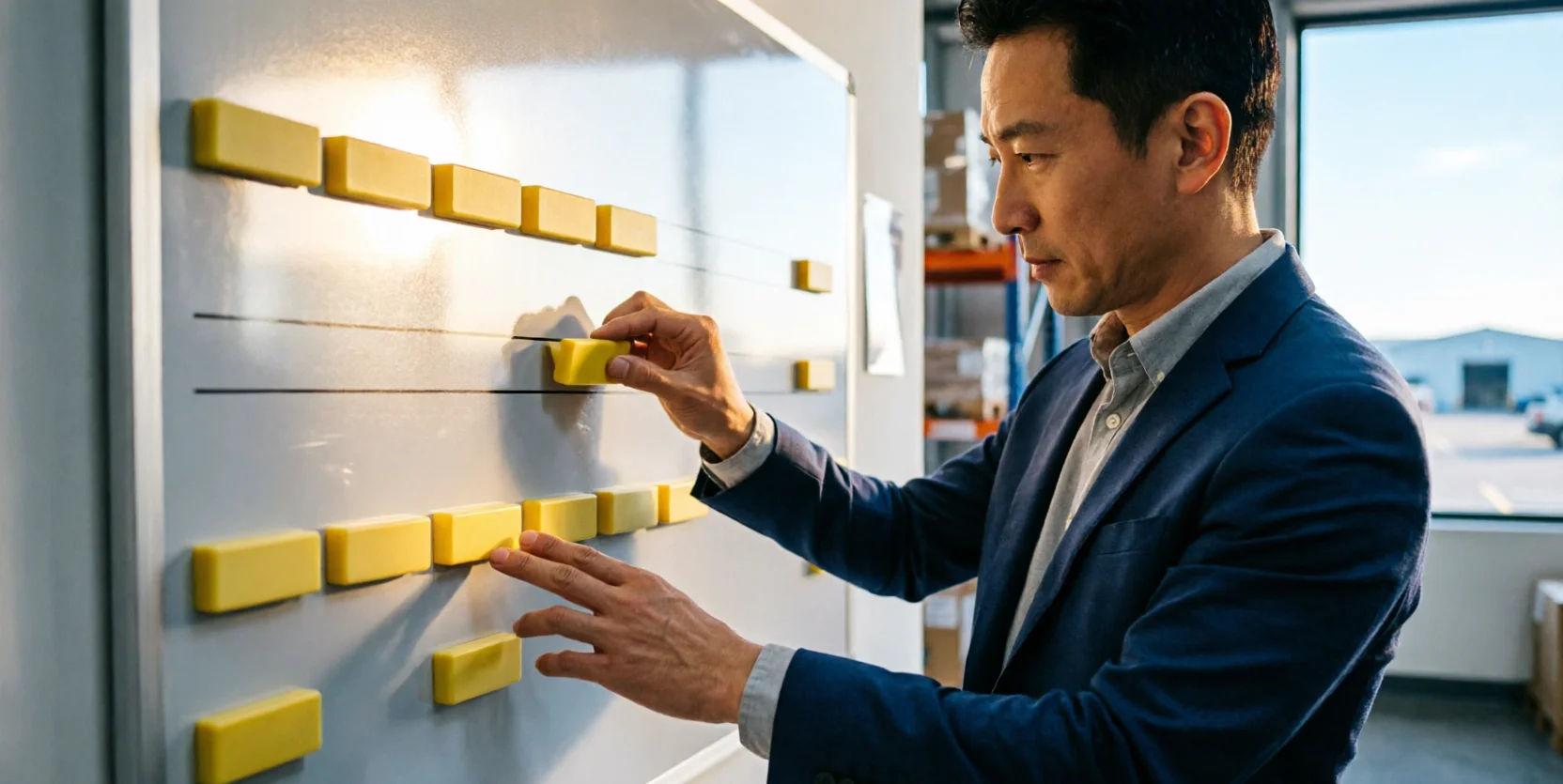 A man in a blazer places a blank yellow magnetic marker into a row on a wall-mounted planning board.