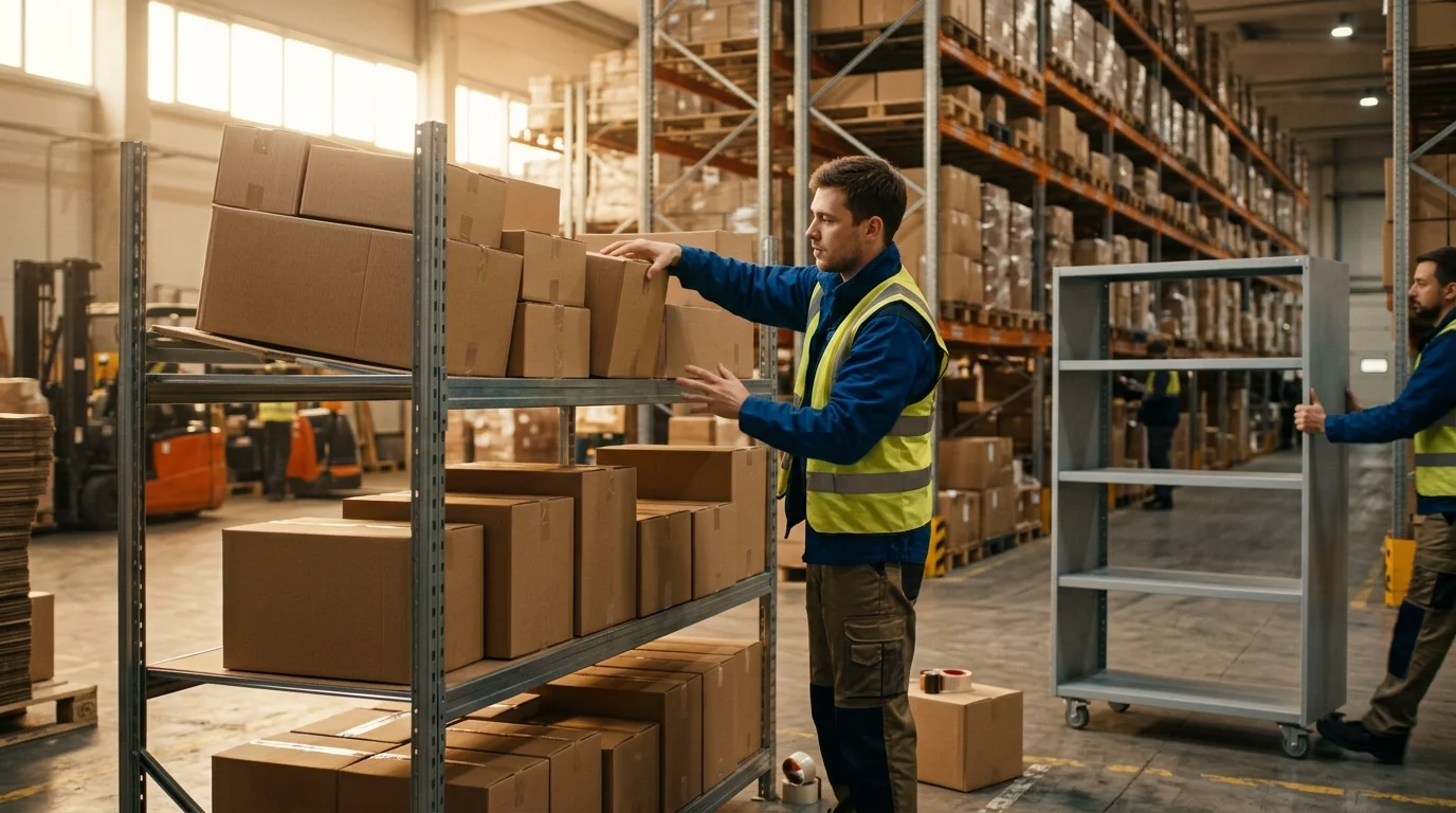 A worker reorganizes overflowing boxes on a warehouse shelf while a colleague wheels in an empty shelving unit.