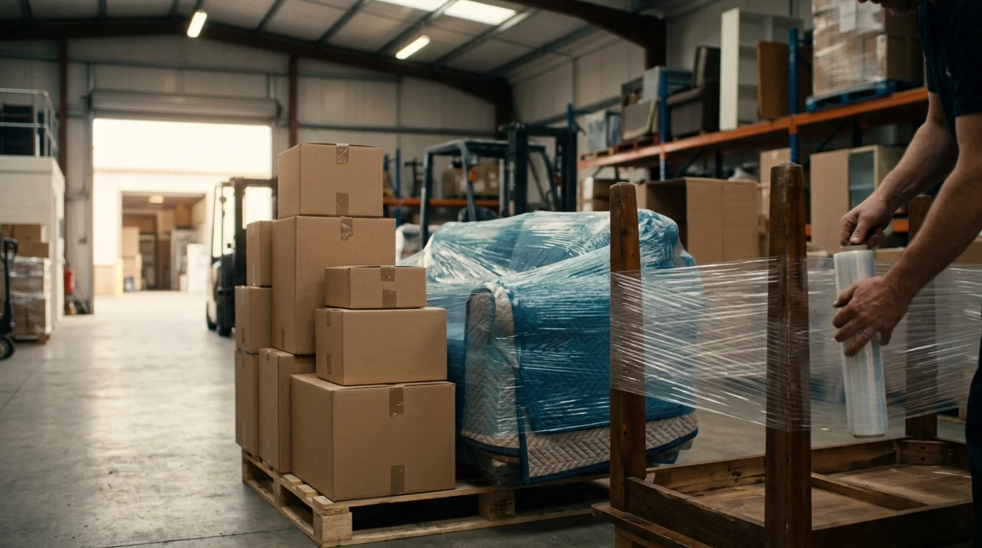 A pair of hands wraps stretch film around a wooden post beside stacked moving boxes and a plastic-wrapped sofa on a pallet.