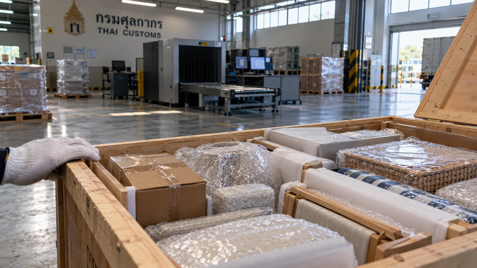 Inside a Thai customs inspection bay, a partially opened household shipment sits under even overhead light while an officer's gloved hand rests on the edge of an open