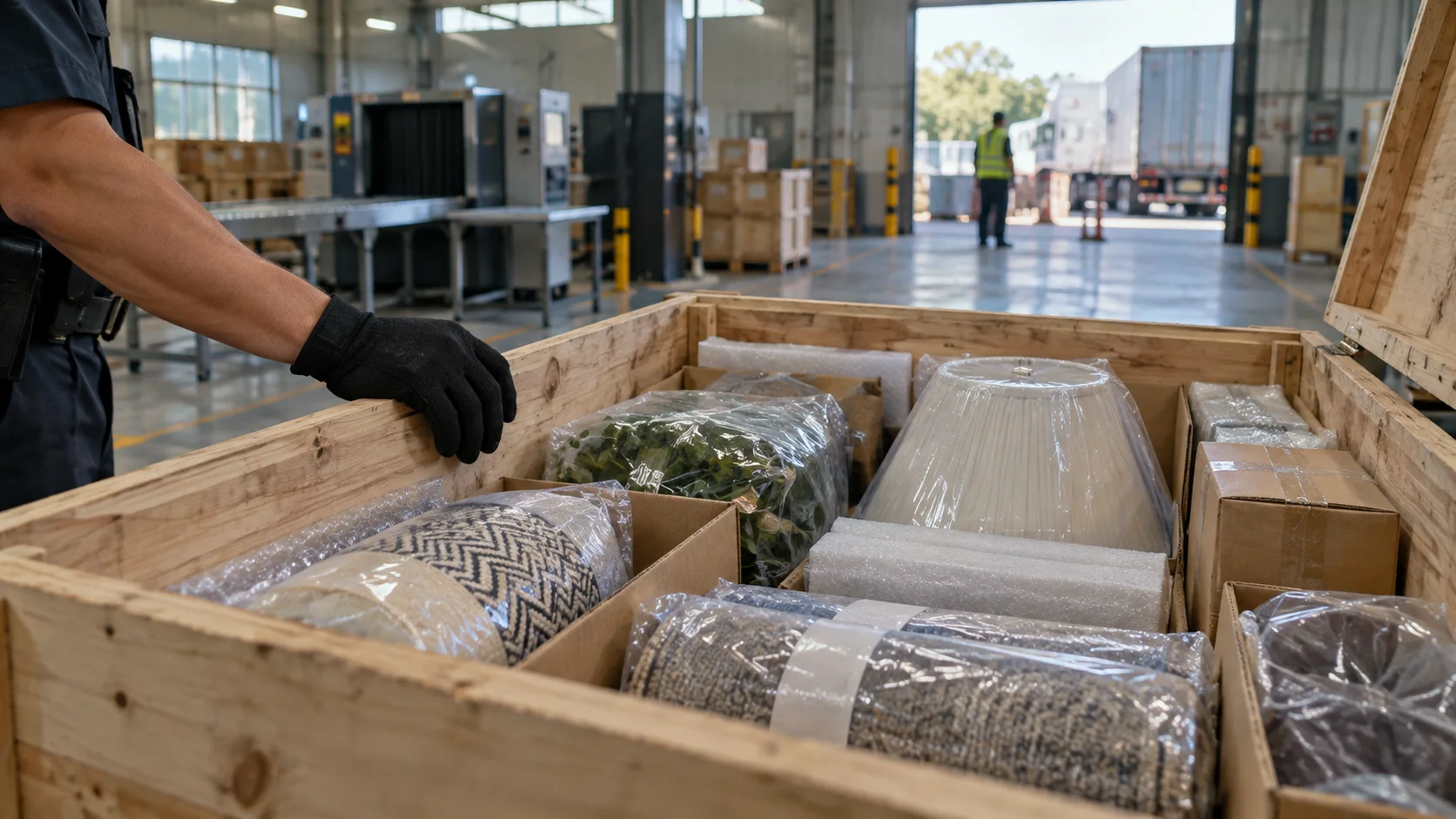 A gloved hand rests on an open wooden crate packed with wrapped household items in what appears to be a customs inspection bay.