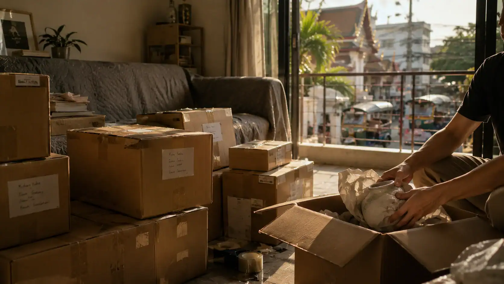 Packed moving boxes stacked near a door with a Thai temple or Bangkok street scene visible through the window. Alternatively: a shipping container being loaded with household furniture at a port