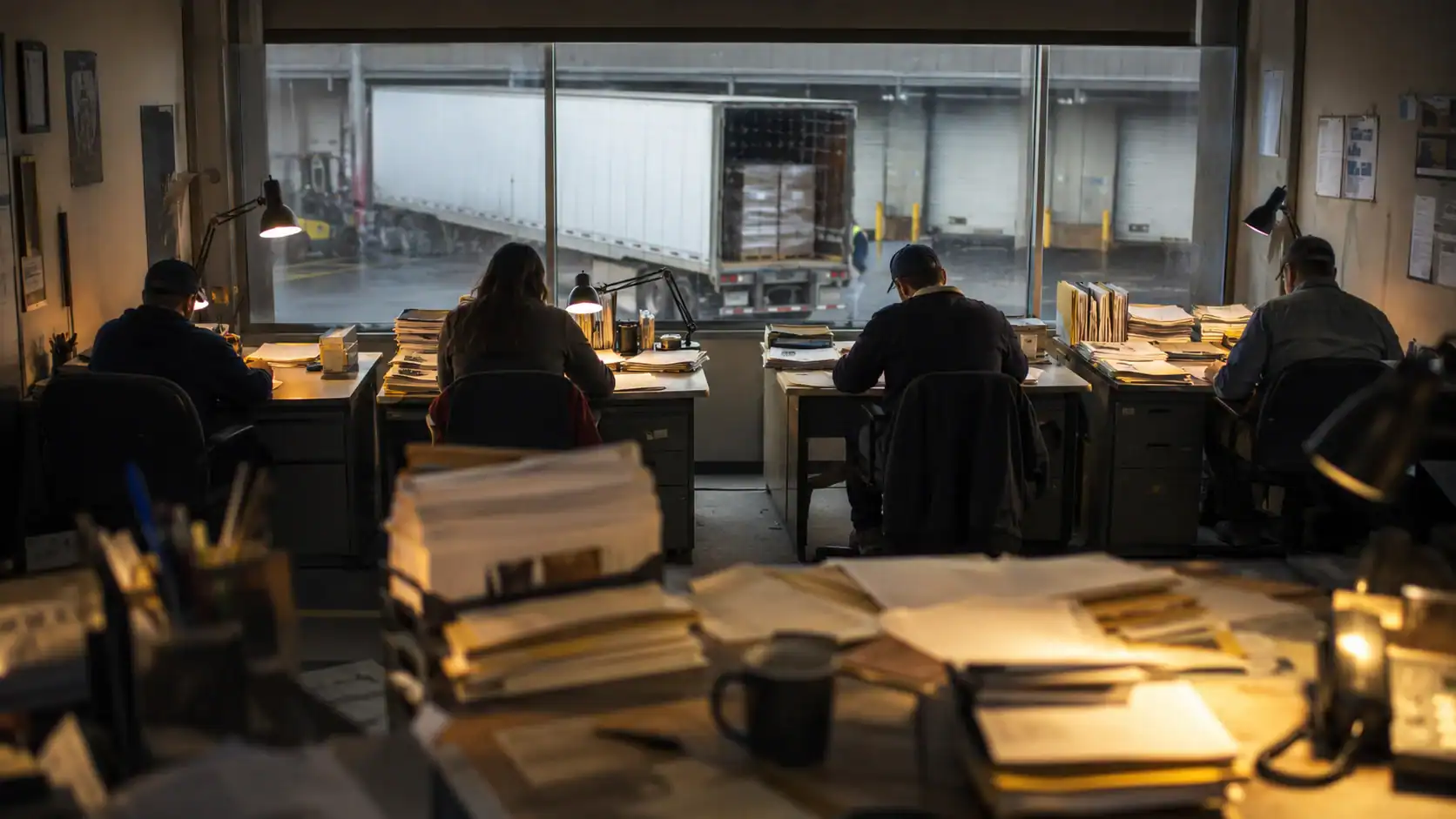 Four staff working at desks in a warehouse office, backlit by a window overlooking a truck being loaded at the dock