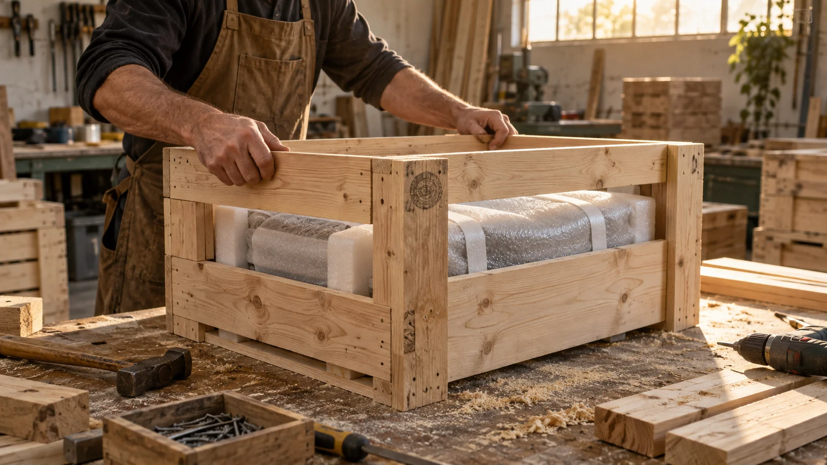 Wooden export crate under construction in a packing workshop