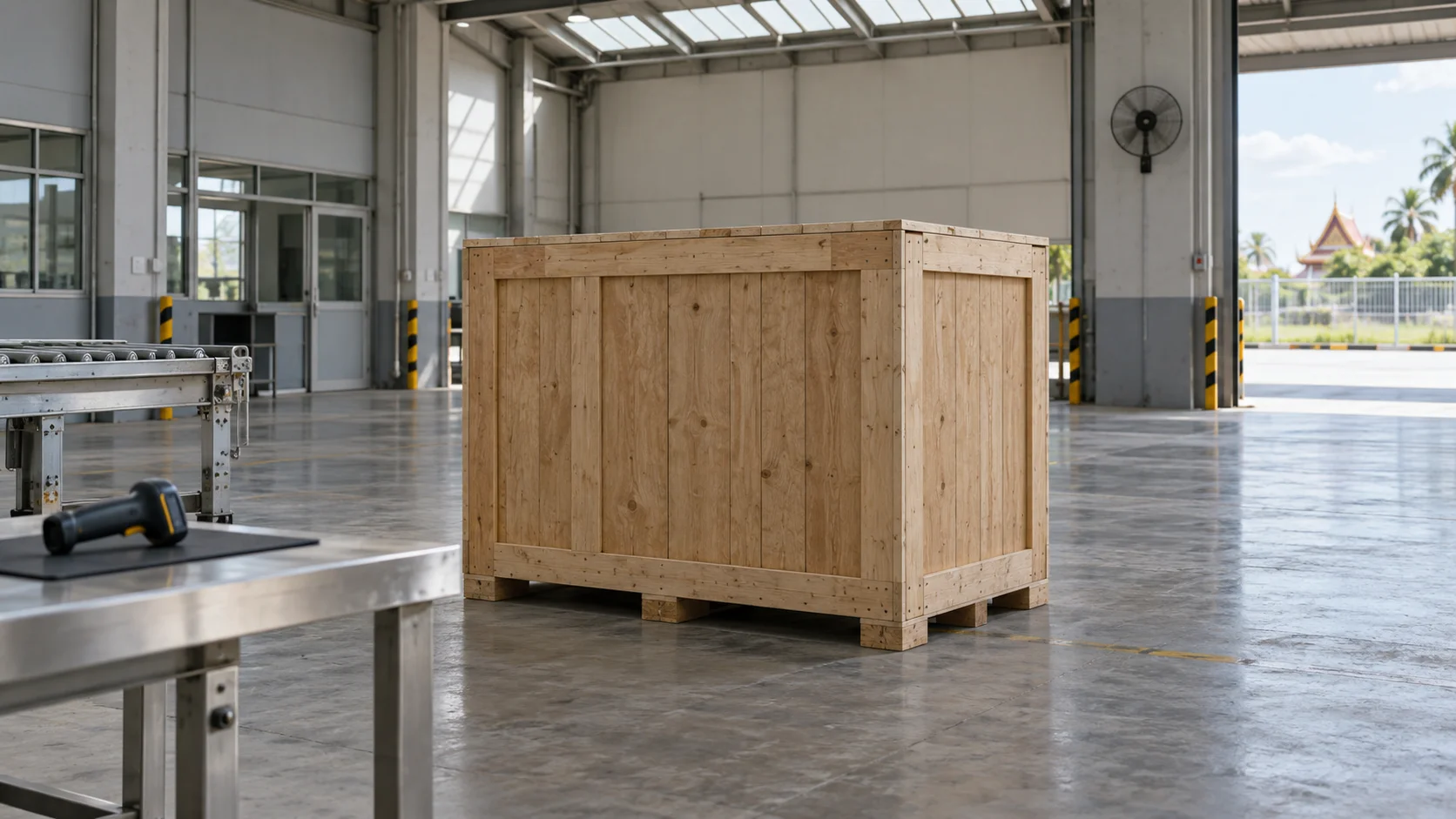 Plain rectangular timber crate holding a single crated object
