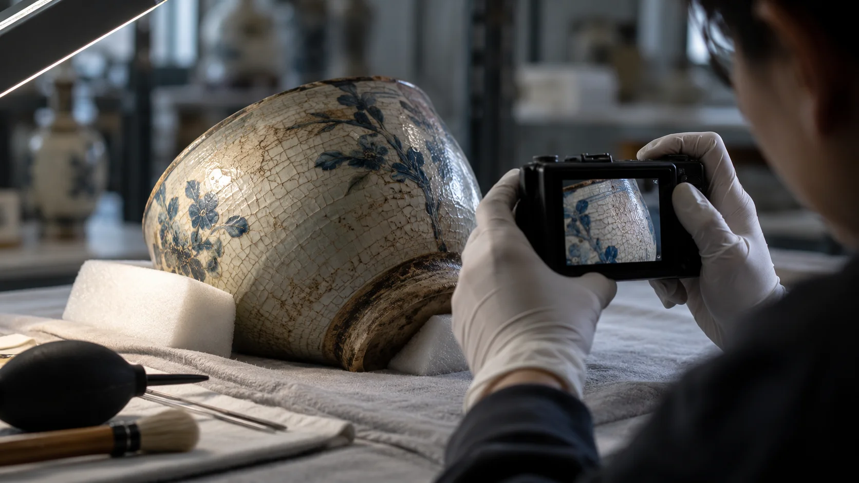 Close midground of gloved hands photographing the surface of a fragile ceramic piece with a small handheld camera