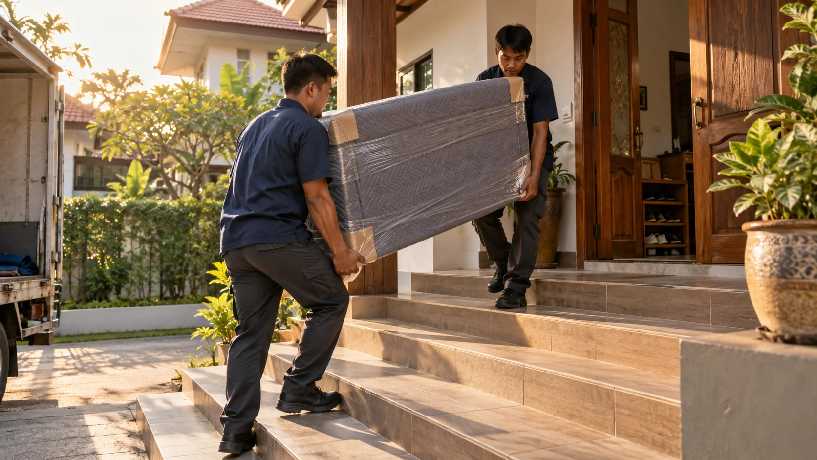 Two movers carefully carrying a cushioned item into a home