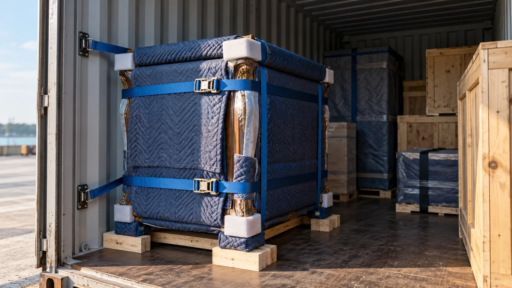 Fully wrapped and padded antique shipment secured inside a part-loaded container interior