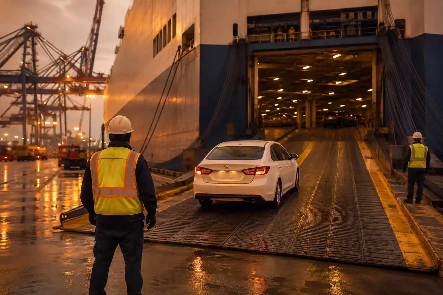 RoRo vessel loading vehicles at US port for shipment to Thailand