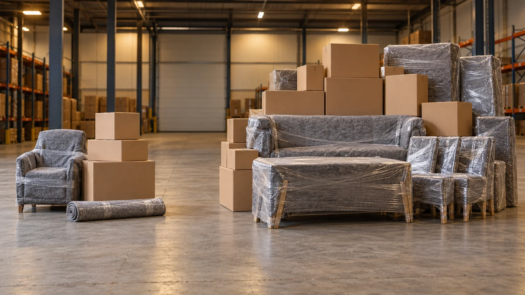Blanket-wrapped sofa, chairs and table stacked with cartons on a warehouse floor, a household load ready for a container