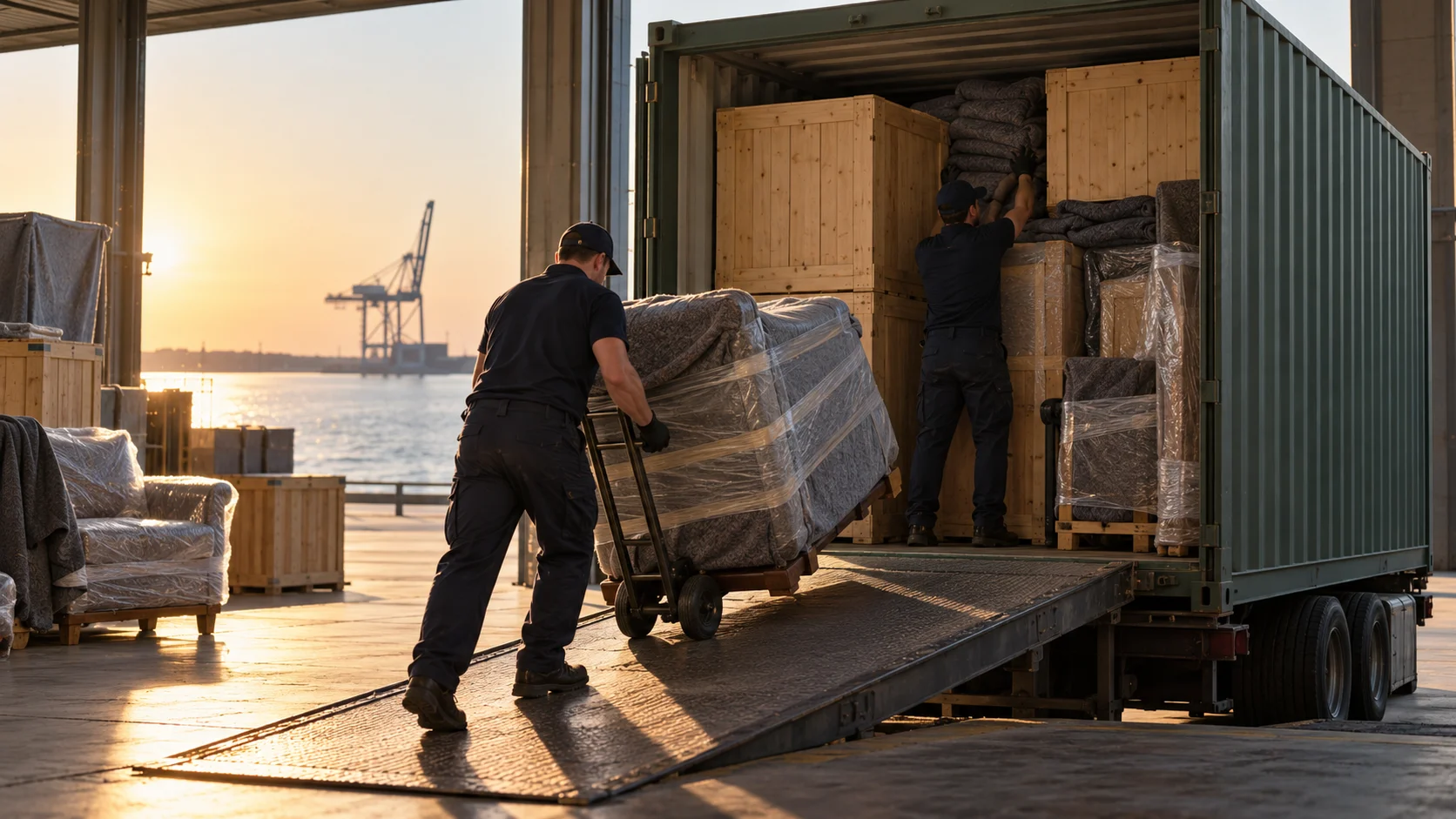 Movers wheeling a wrapped sofa on a hand trolley up a ramp into an open container at a quayside depot at sunset
