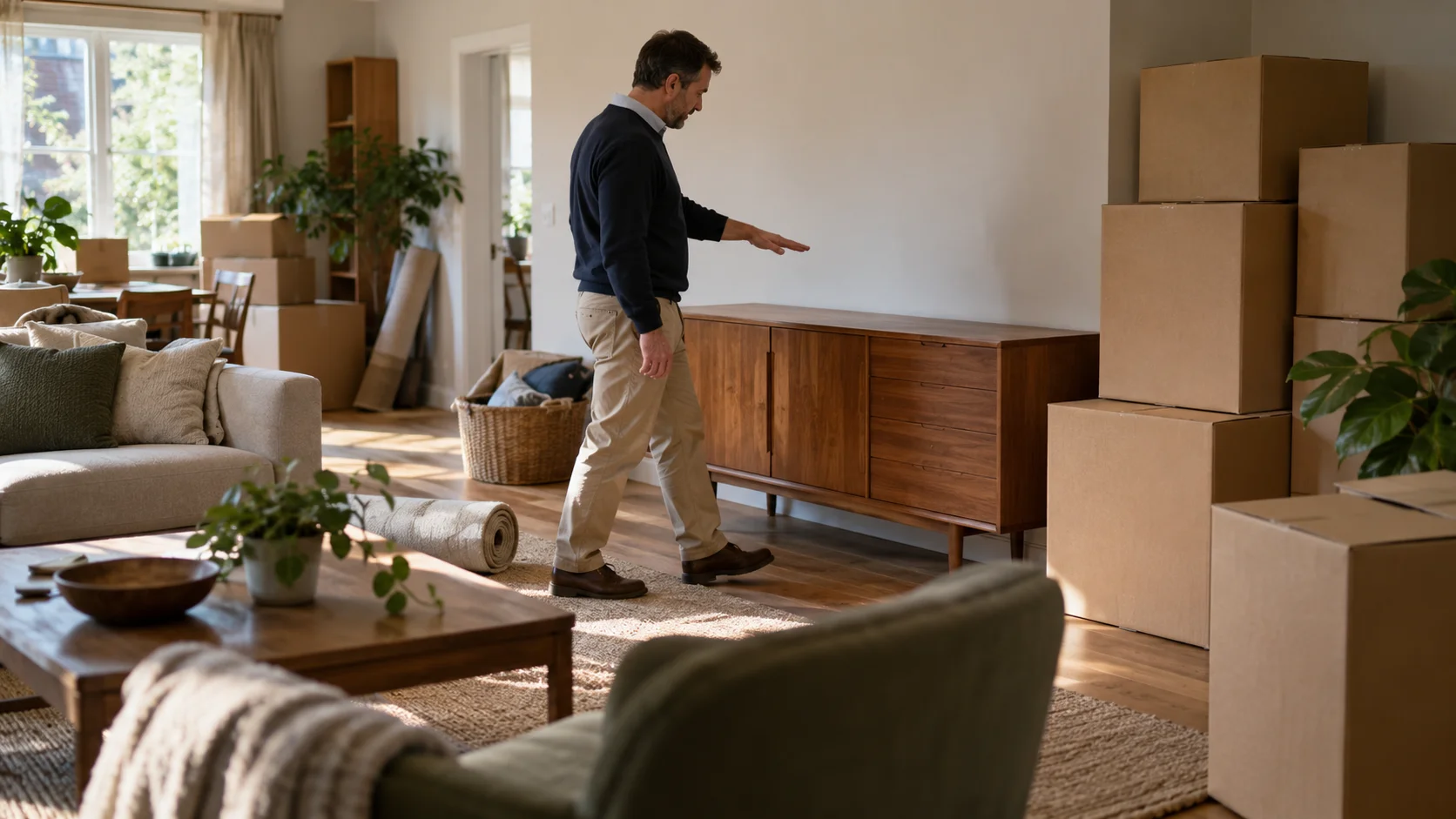 Man in a living room of stacked moving boxes assessing a wooden sideboard to plan what goes into the container