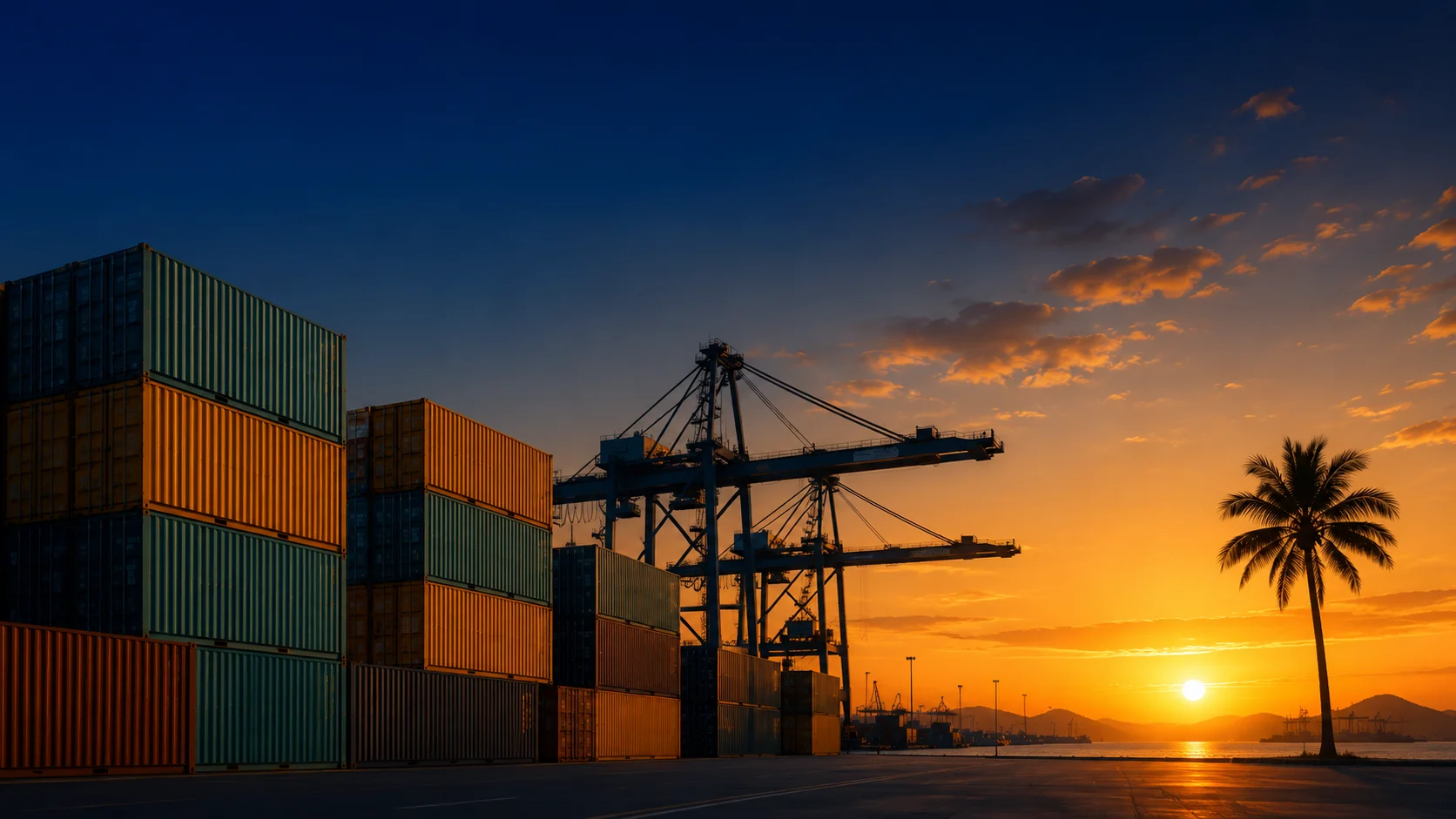 Conteneurs au port de Laem Chabang au crépuscule