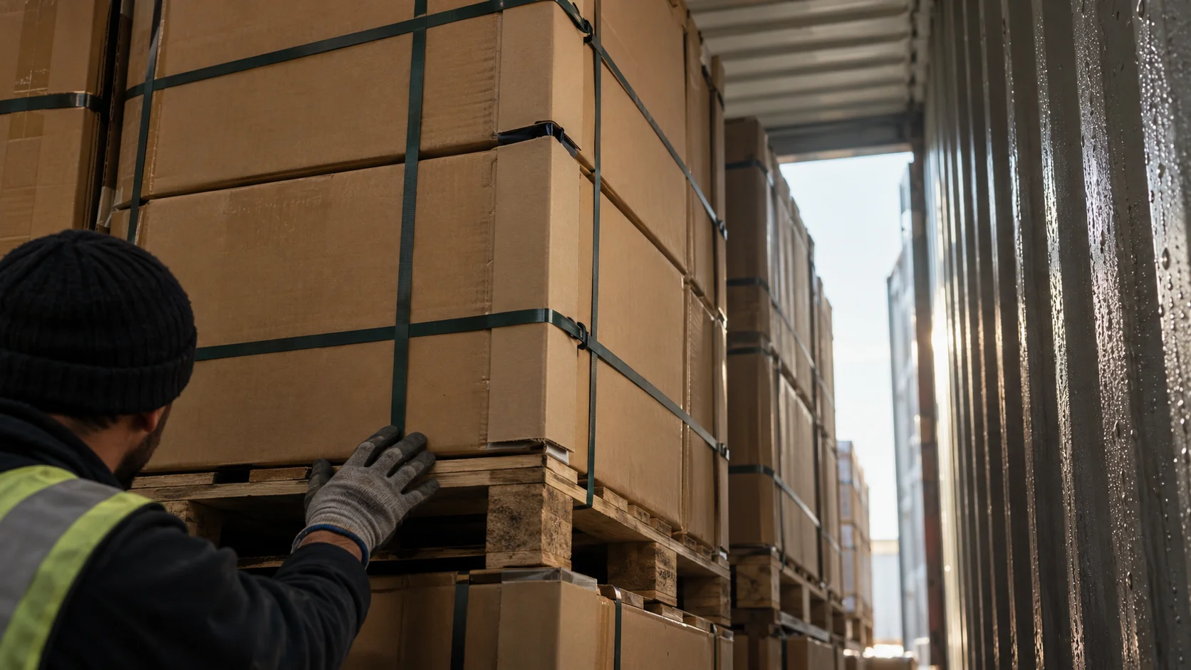 Worker steadying strapped cartons stacked on a pallet in a container with droplets on the wall, showing load and moisture risks