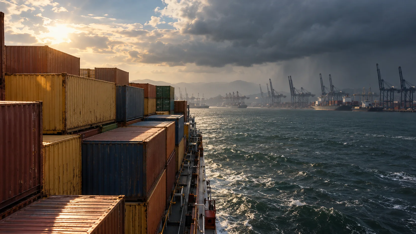 Stacked containers on a ship deck heading for a crane port under stormy clouds, showing how season and route add risk