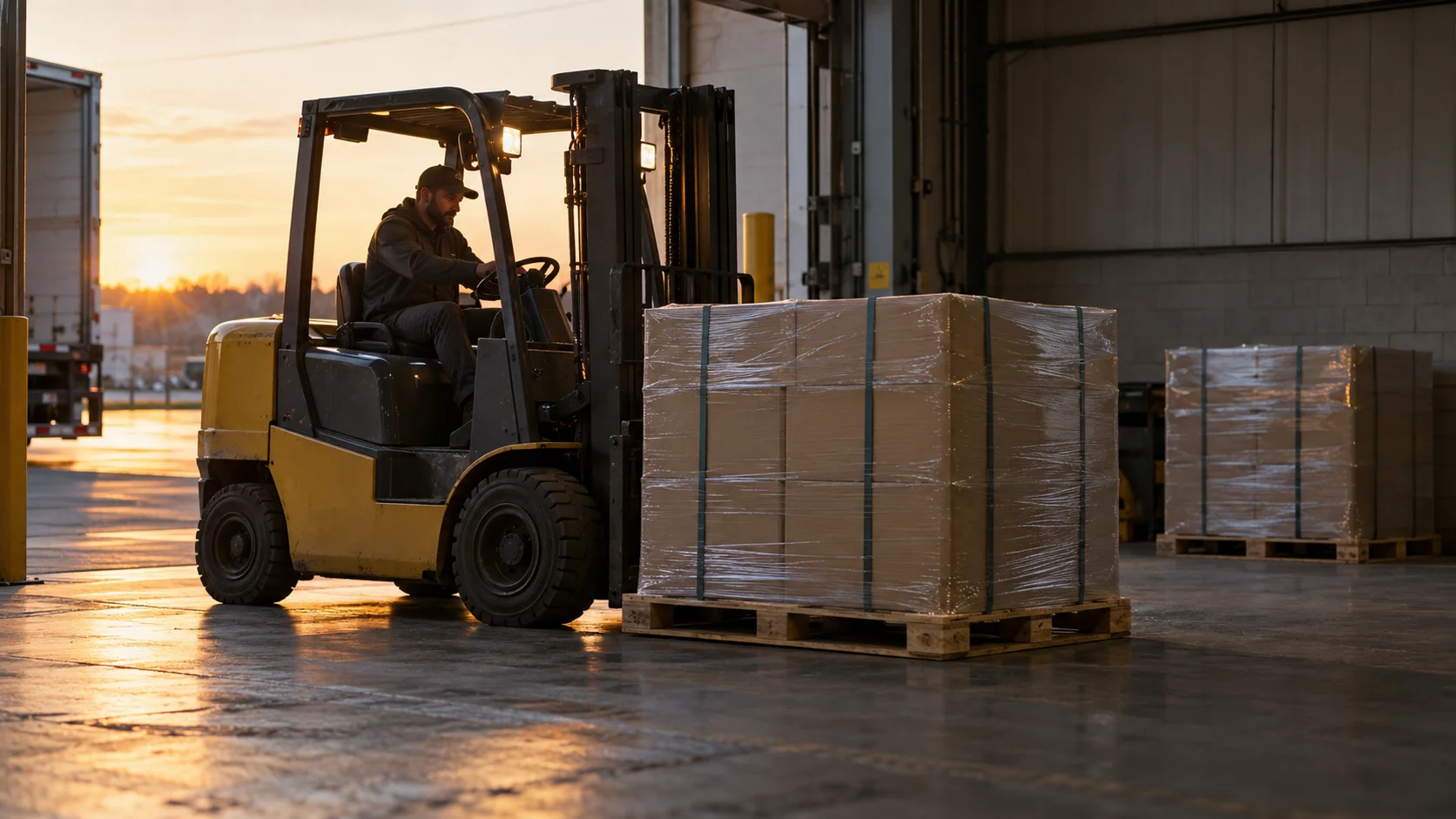 Forklift carrying a strapped, shrink-wrapped pallet of cartons at sunset, illustrating the goods cargo insurance protects