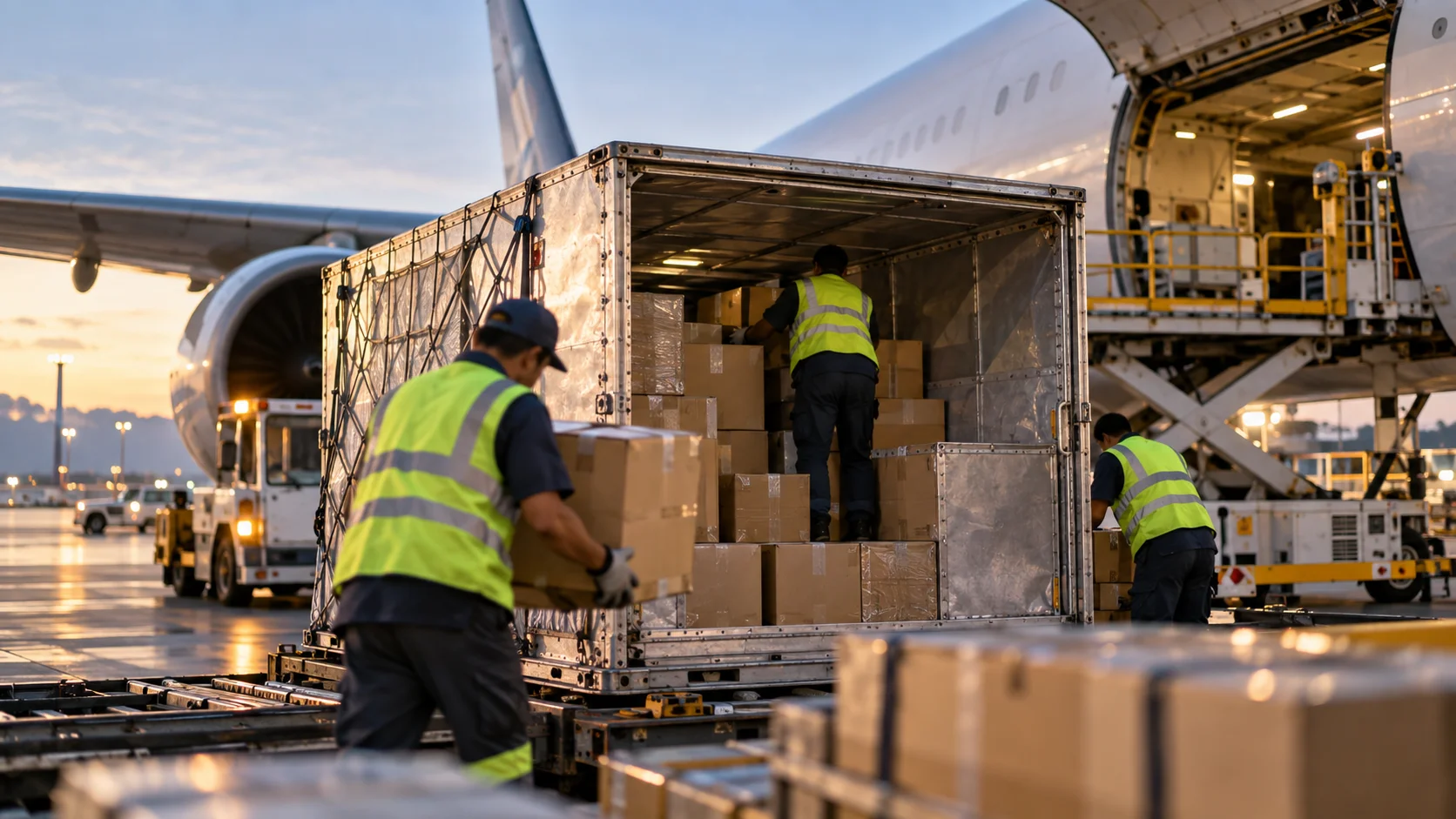 Photorealistic documentary-style shot at an air cargo terminal: an aluminium ULD (Unit Load Device) mid-build, ground handlers stacking cartons into it, an aircraft