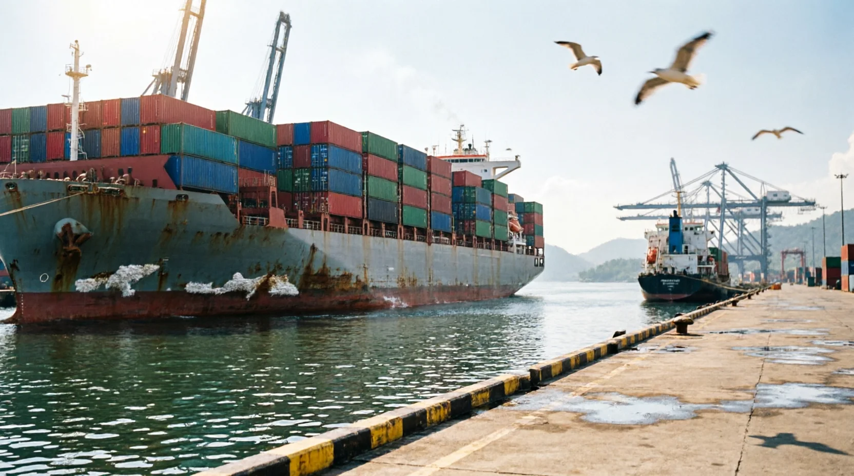 A container ship viewed from a quay at a Southeast Asian transshipment port.