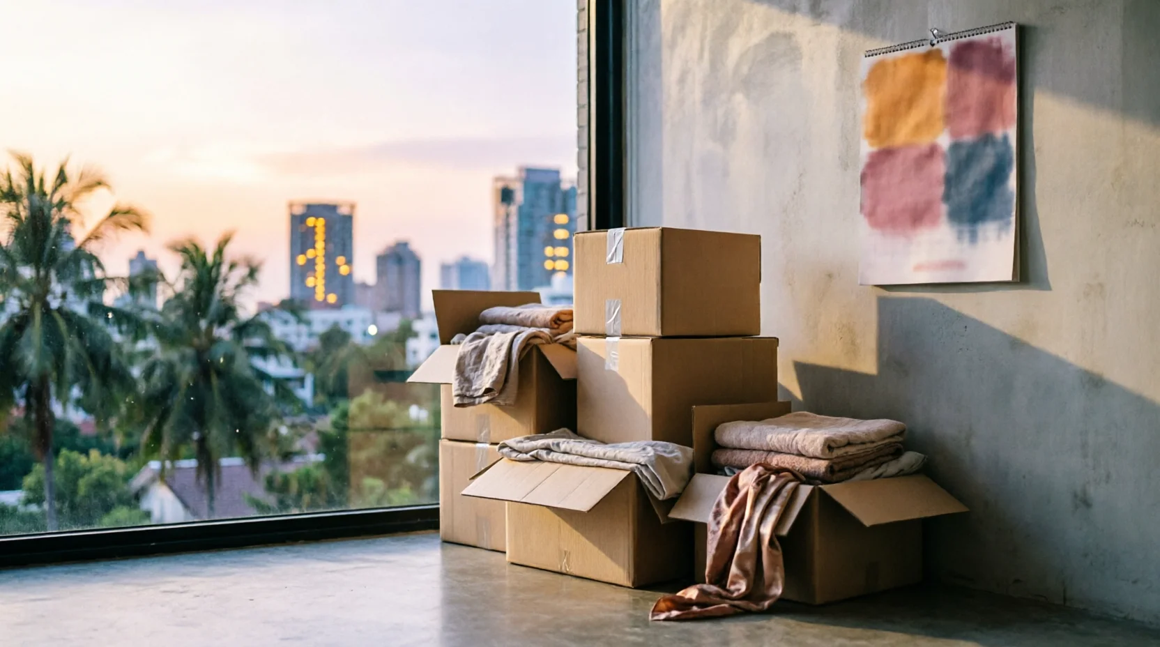 A stack of household moving boxes in a Bangkok apartment corner beside a wall calendar rendered as soft unreadable color blocks, warm domestic evening light.