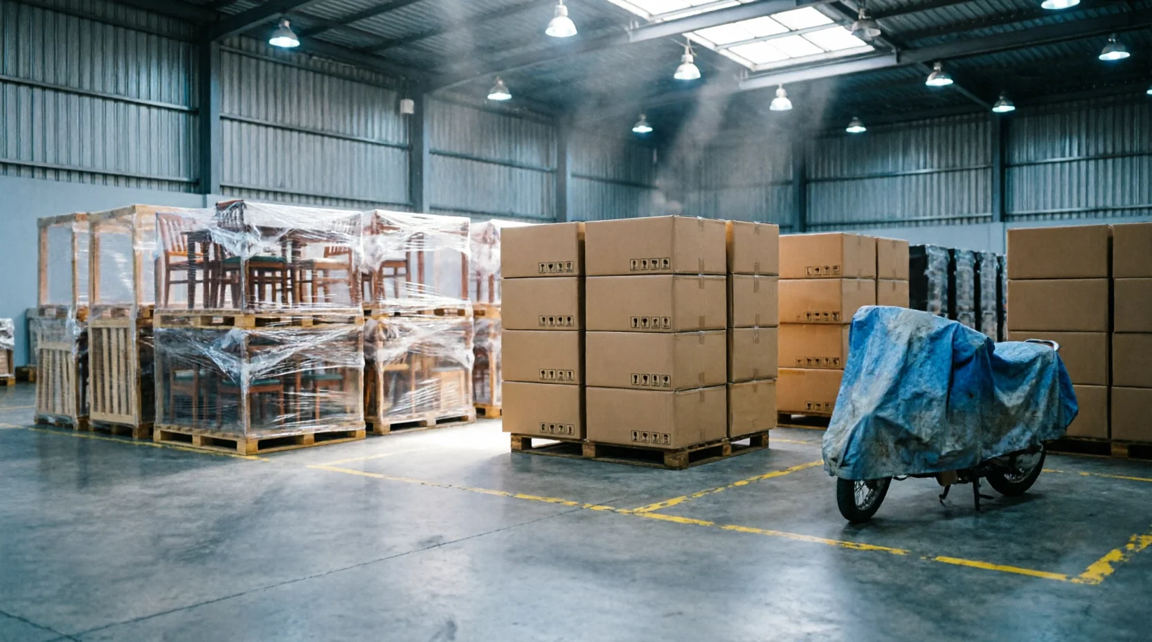 A Thai bonded warehouse floor with distinctly different cargo types staged in separate marked-off zones — furniture pallets in one area.