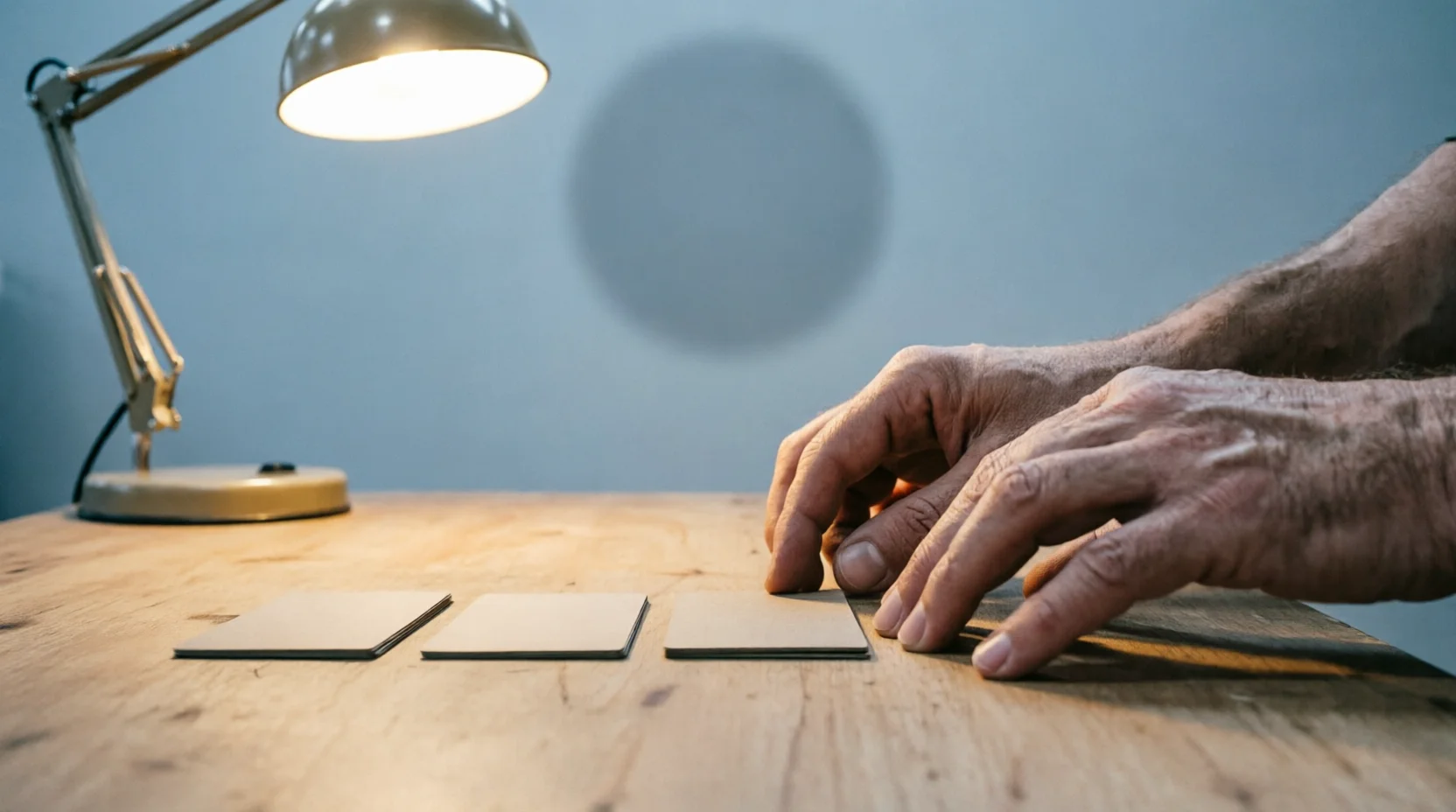 A relocation coordinator's hands arranging a small set of shipment reference cards face-down in sequence on a warehouse desk.