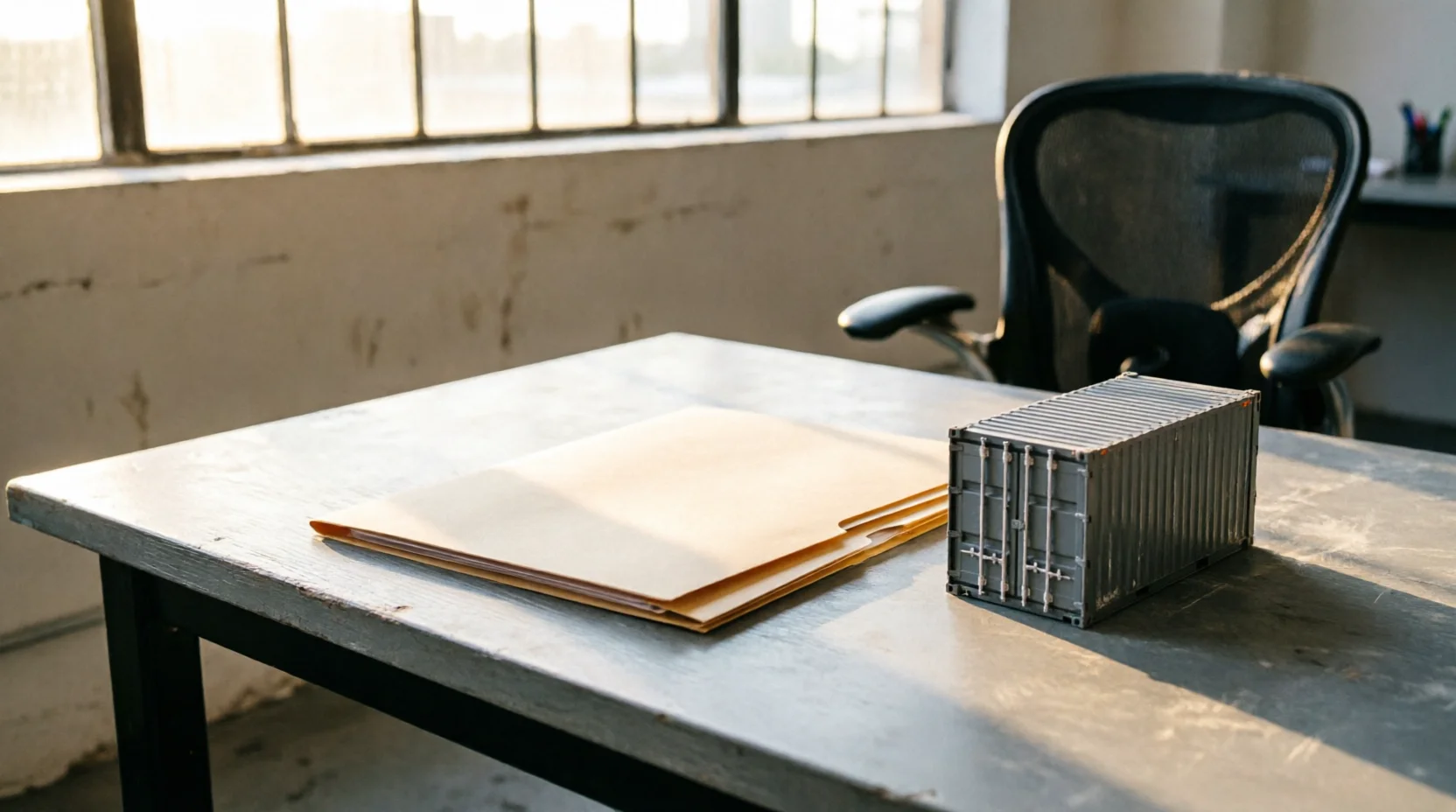 A shipment reference folder, closed and unlabeled, resting on a warehouse desk beside a small model shipping container used as a paperweight.