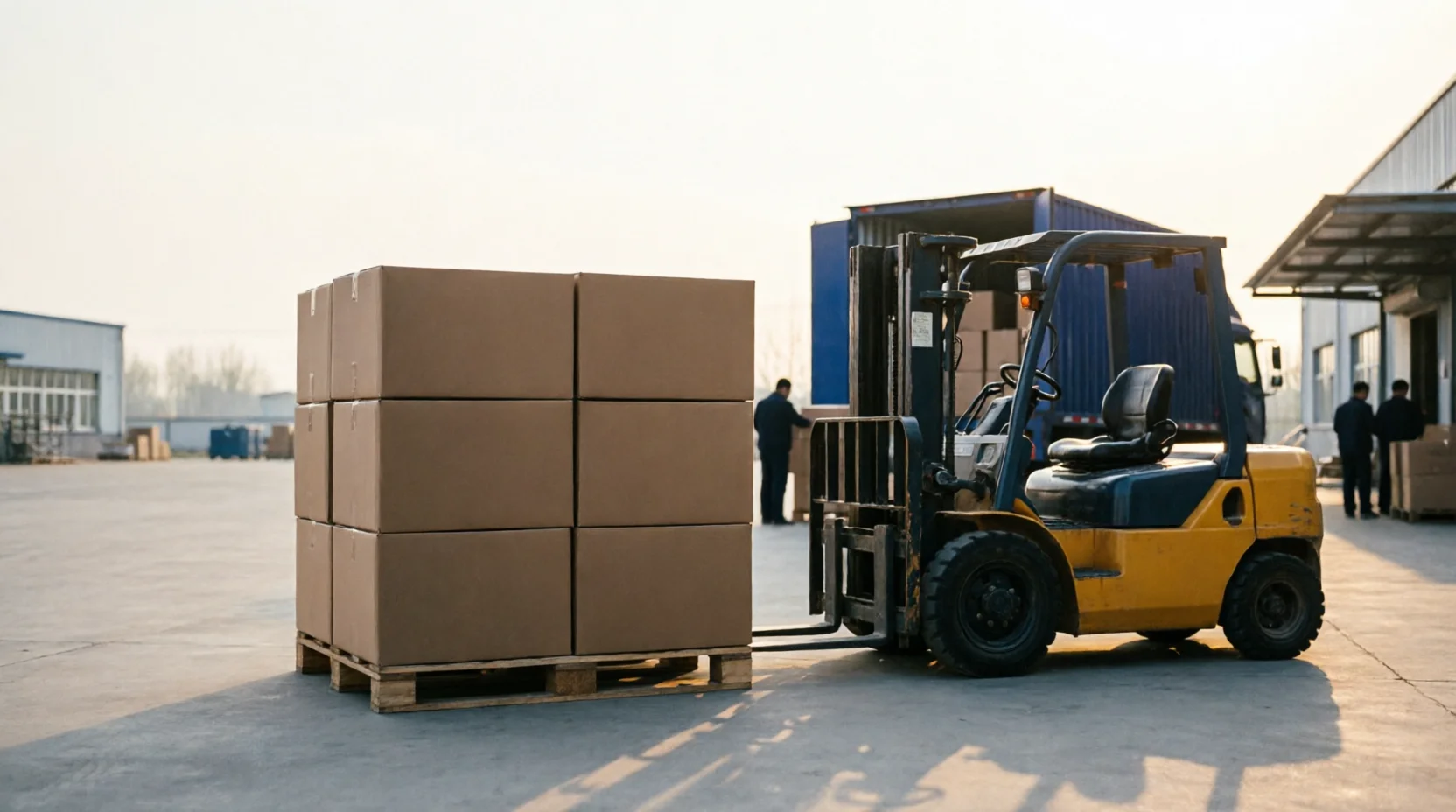 A Chinese factory export-staging area with palletized cartons queued for loading, a light spring haze in the air.