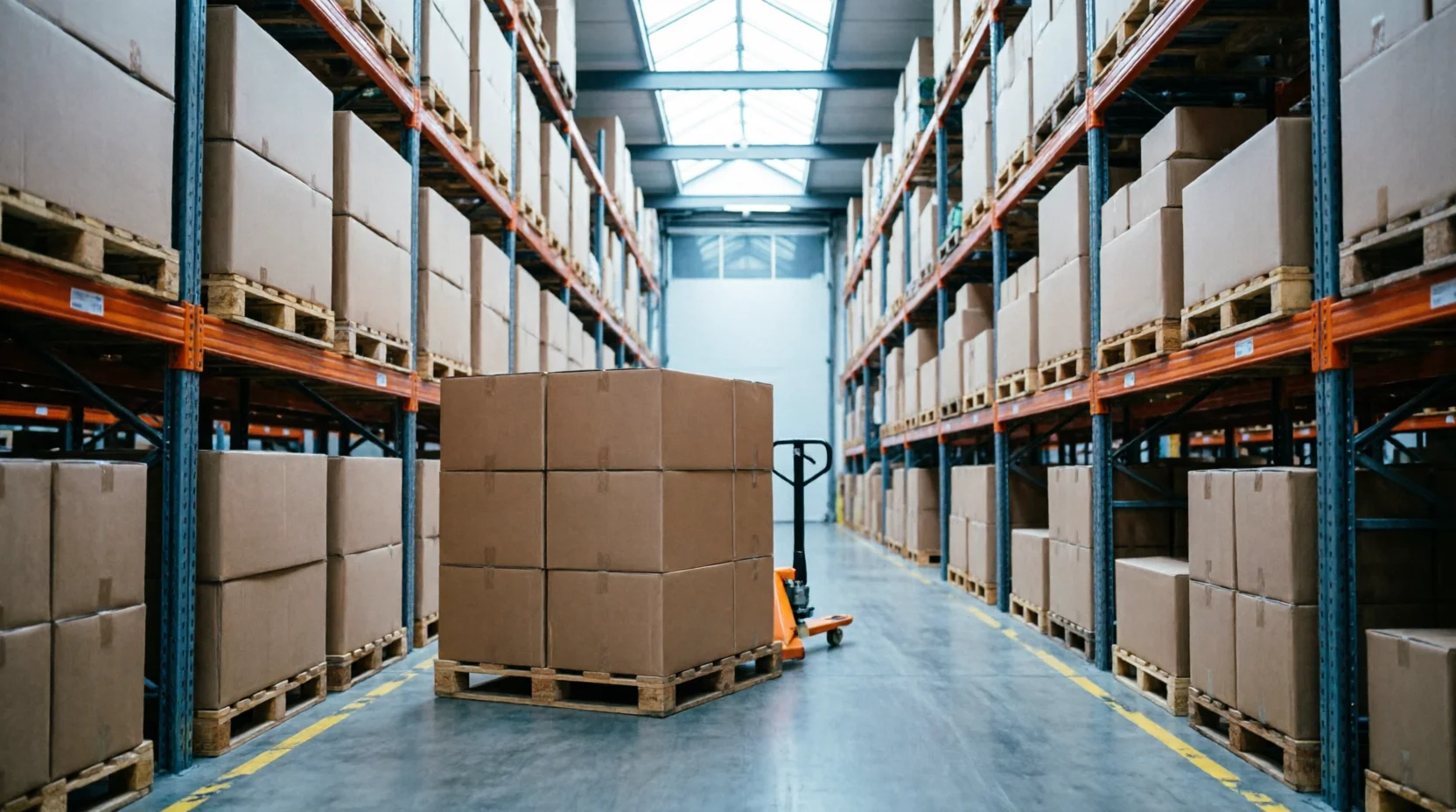 A warehouse aisle with extra buffer stock visible as additional palletized cartons neatly stacked beyond the normal racking line.