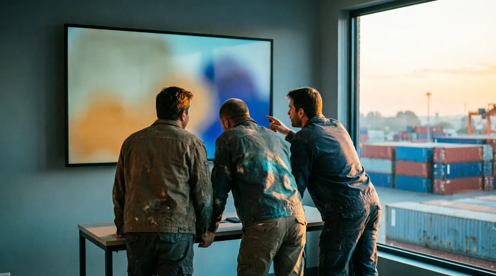 A small freight-operations team viewed from behind at a standing desk.