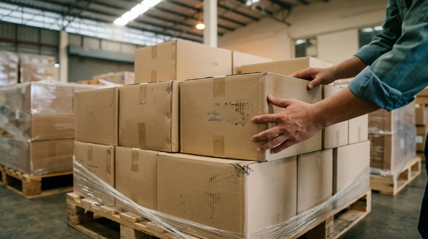 Pallet of household cartons from a European shipment being checked at a Thai customs bonded warehouse, natural skylight mixed with warm interior lighting