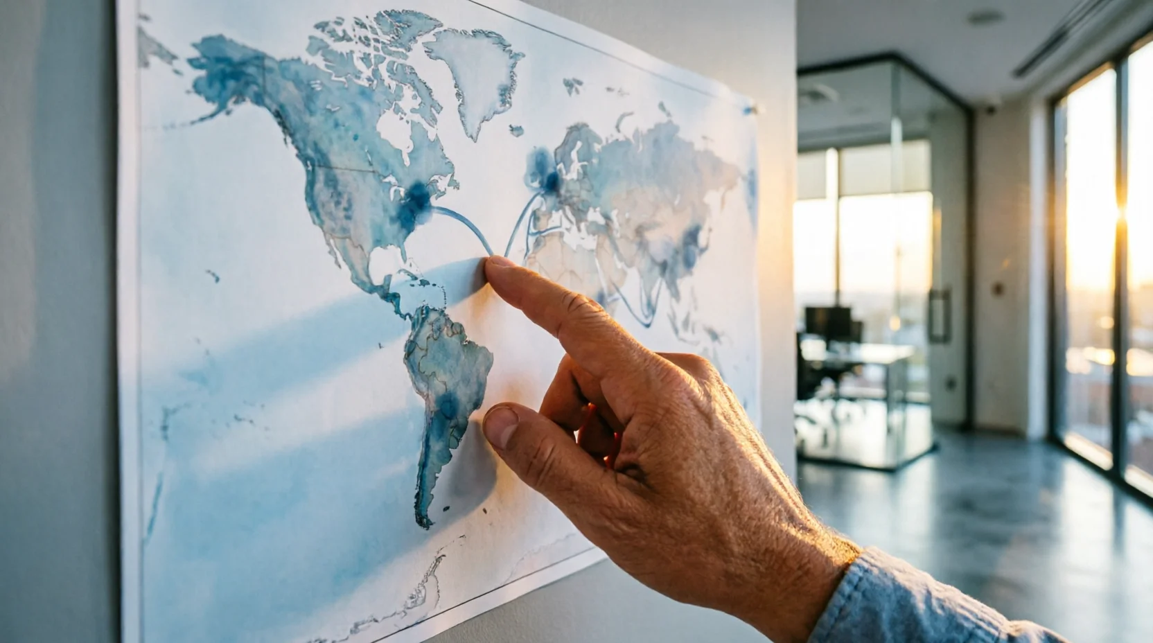 A logistics manager's hand tracing a shipping-lane route on a large wall-mounted world map in a freight-forwarder's office.